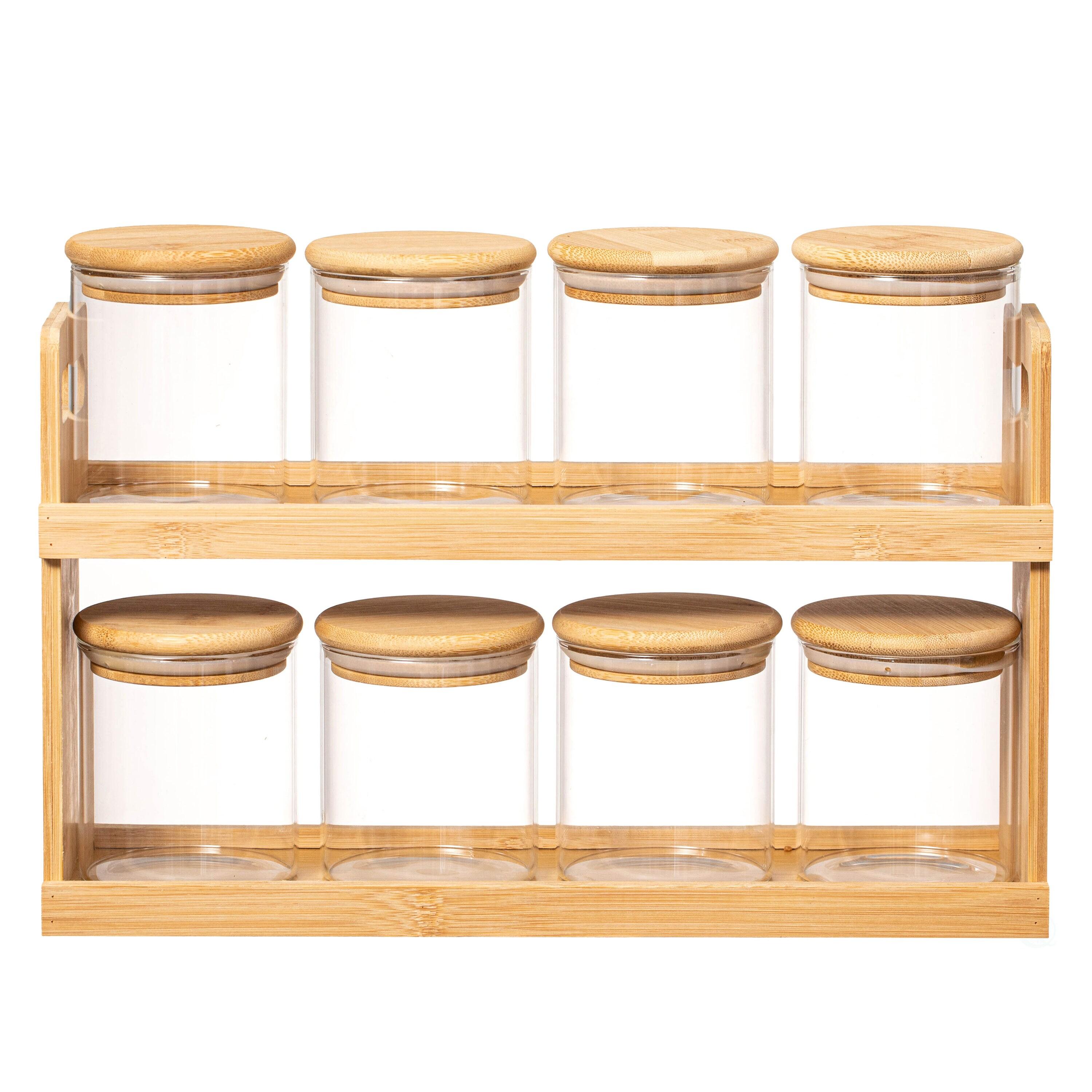 Basicwise 2-Tier Bamboo Spice Rack & Pantry Organizer with 8 Glass Jars.Perfect for Storage in Kitchens to Keep Seasoning Containers Neatly Displayed