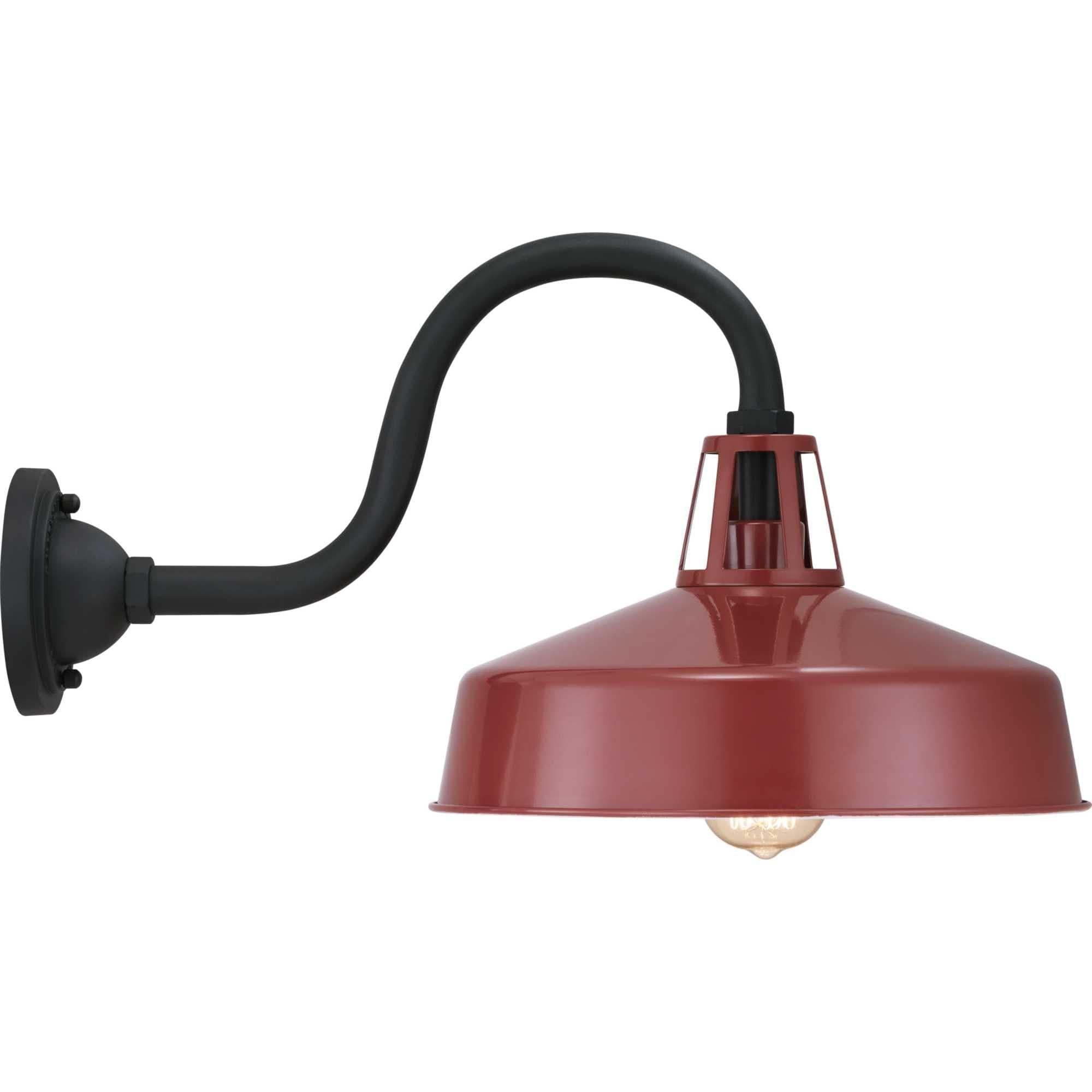 Progress Lighting Cedar Springs 1-Light Outdoor Wall Lantern in Red Aluminum with Black Gooseneck Arm and White Shade