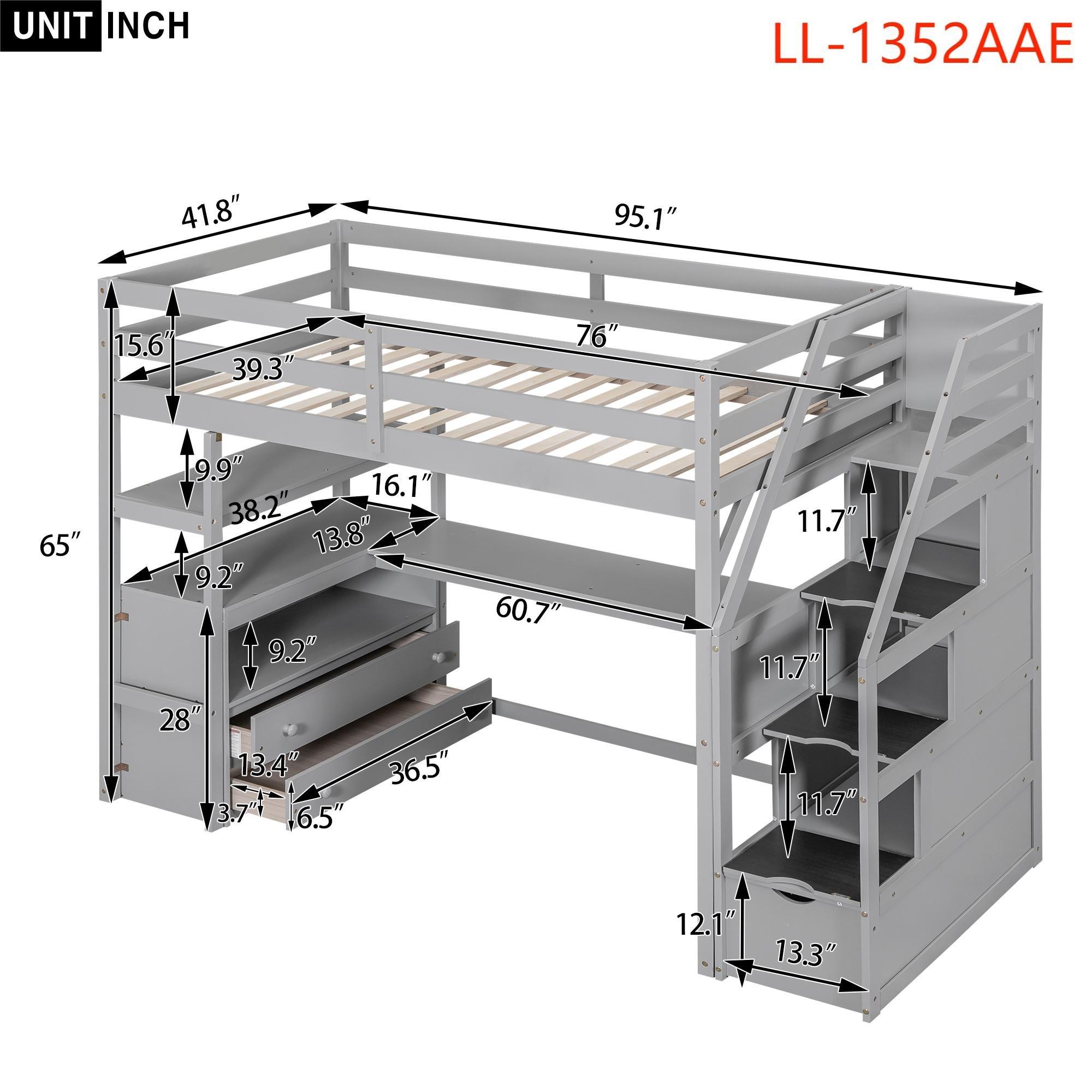 Stairway Twin Size Loft Bed with L Shape Desk, Shelves, Two Tier Drawers and Storage Staircase, Gray