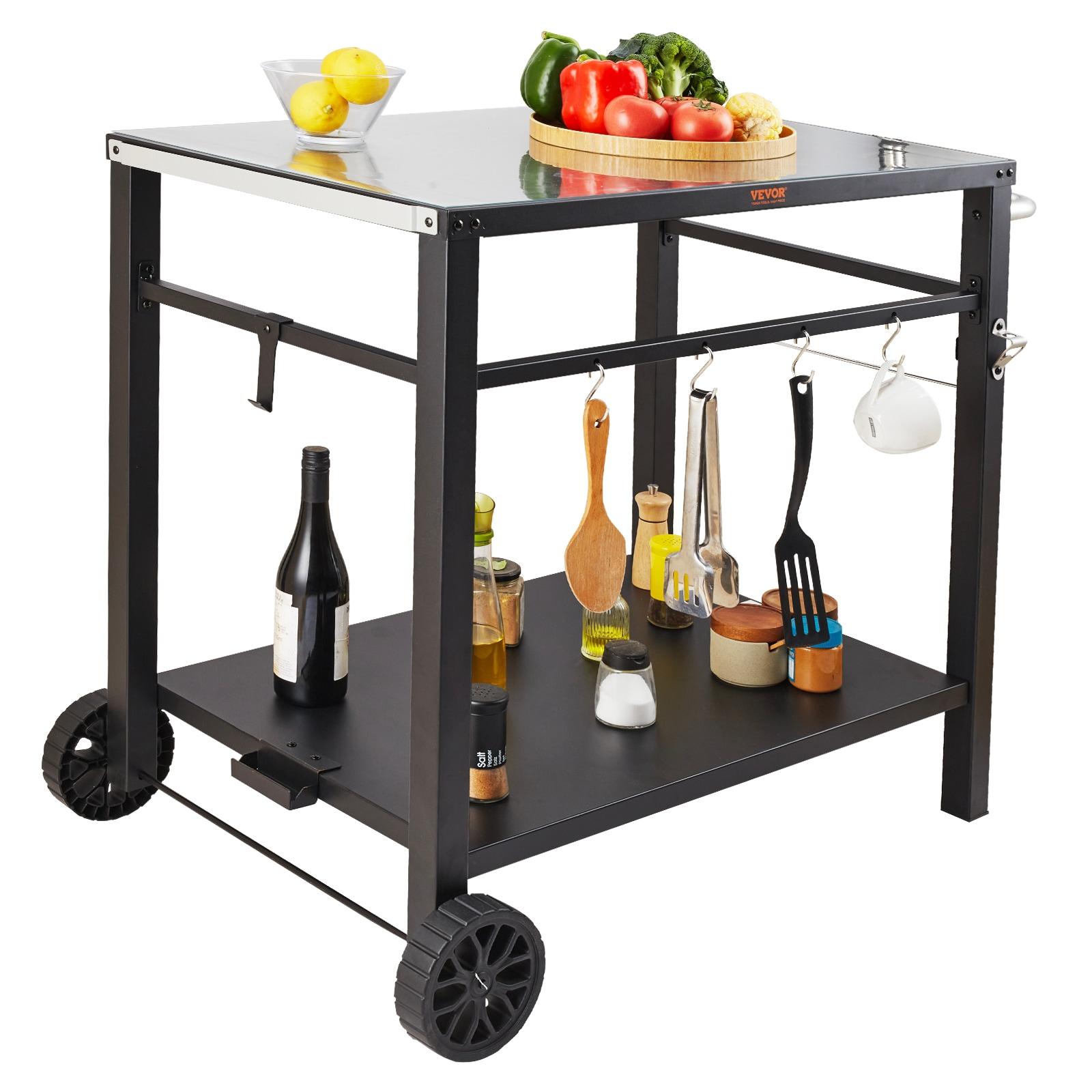 Outdoor Grill Dining Cart with Double-Shelf, BBQ Movable Food Prep Table, Multifunctional Iron Table Top, Portable Modular Carts for Pizza Oven, Worktable with 2 Wheels, Carry Handle, Black