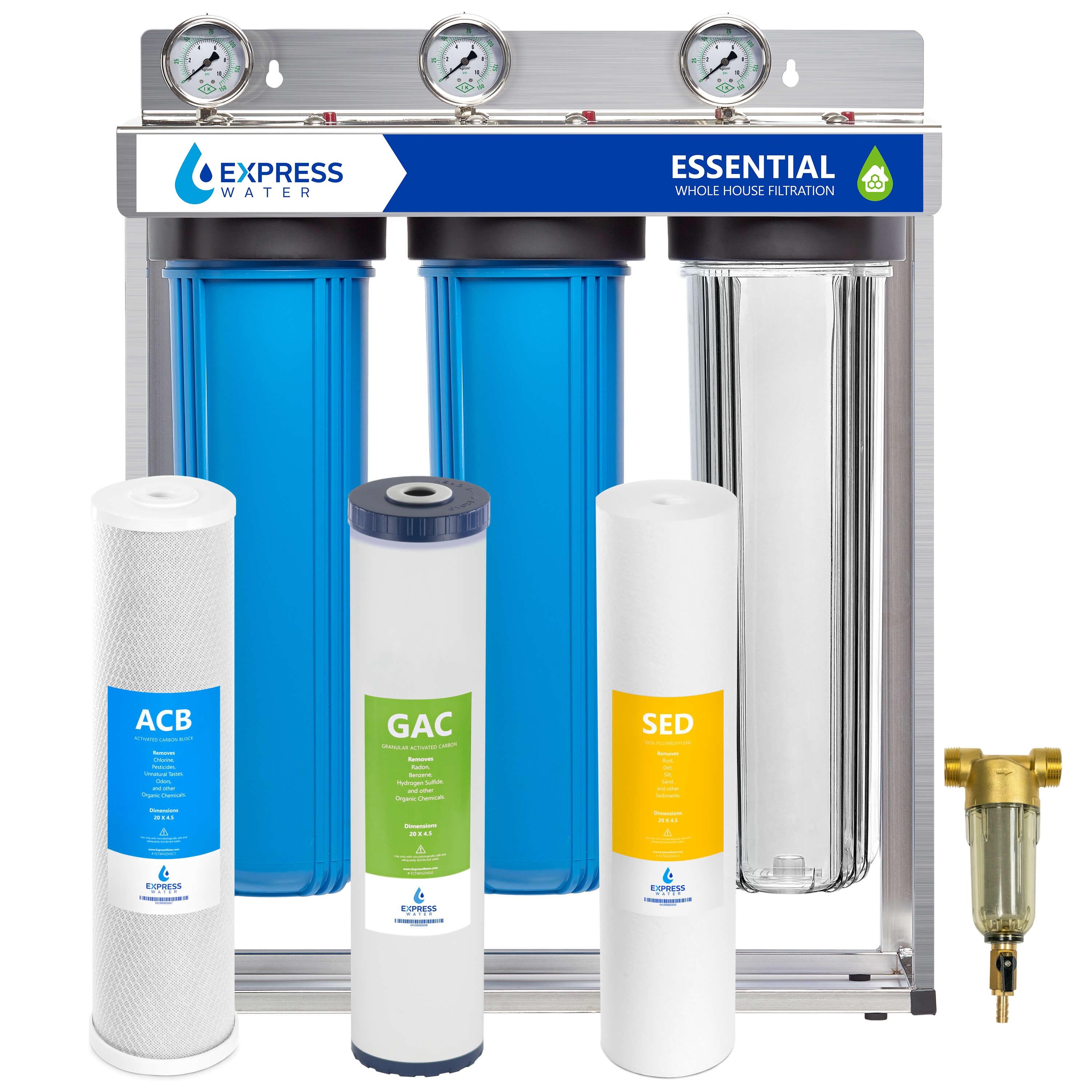 Express Water Whole House Water Filter – 3 Stage Home Water Filtration System – Sediment, Charcoal, Carbon Filters – includes Pressure Gauges, Easy Release, and 1” Inch Connections
