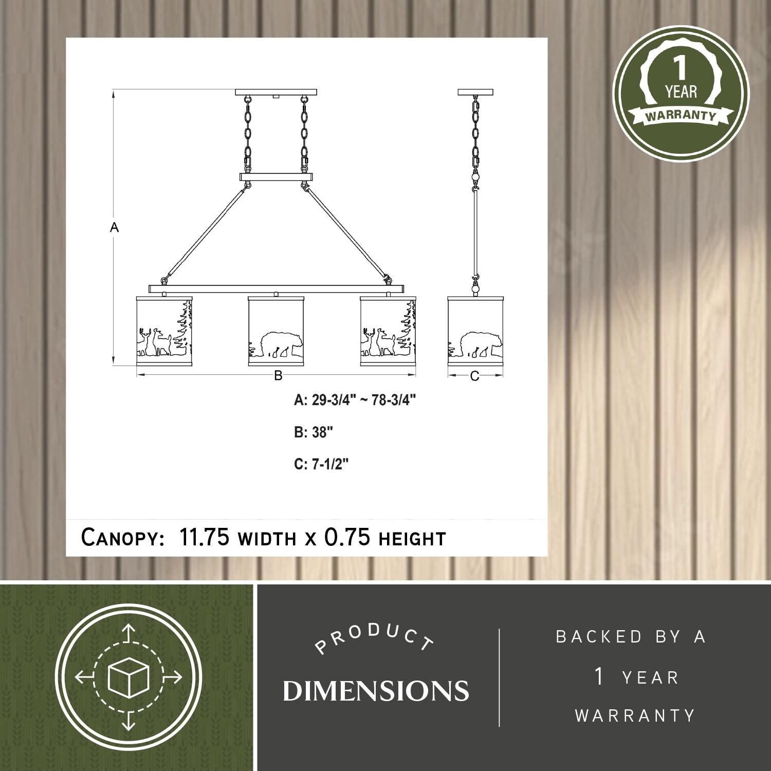 VAXCEL Acadia 3L Bronze Rustic Linear Chandelier Island Pendant Light Fixture Bear and Tree