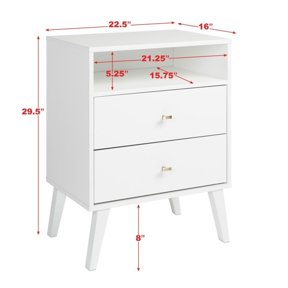Mid Century Modern 2 Drawer Tall Nightstand with Shelf White - Prepac: Wood Laminate, Includes Anti-Tip Hardware