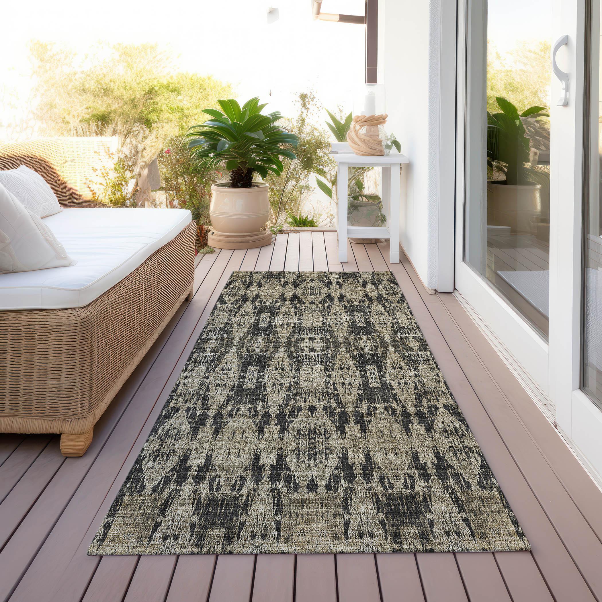 Black and Beige Moroccan Motif Washable Runner Rug