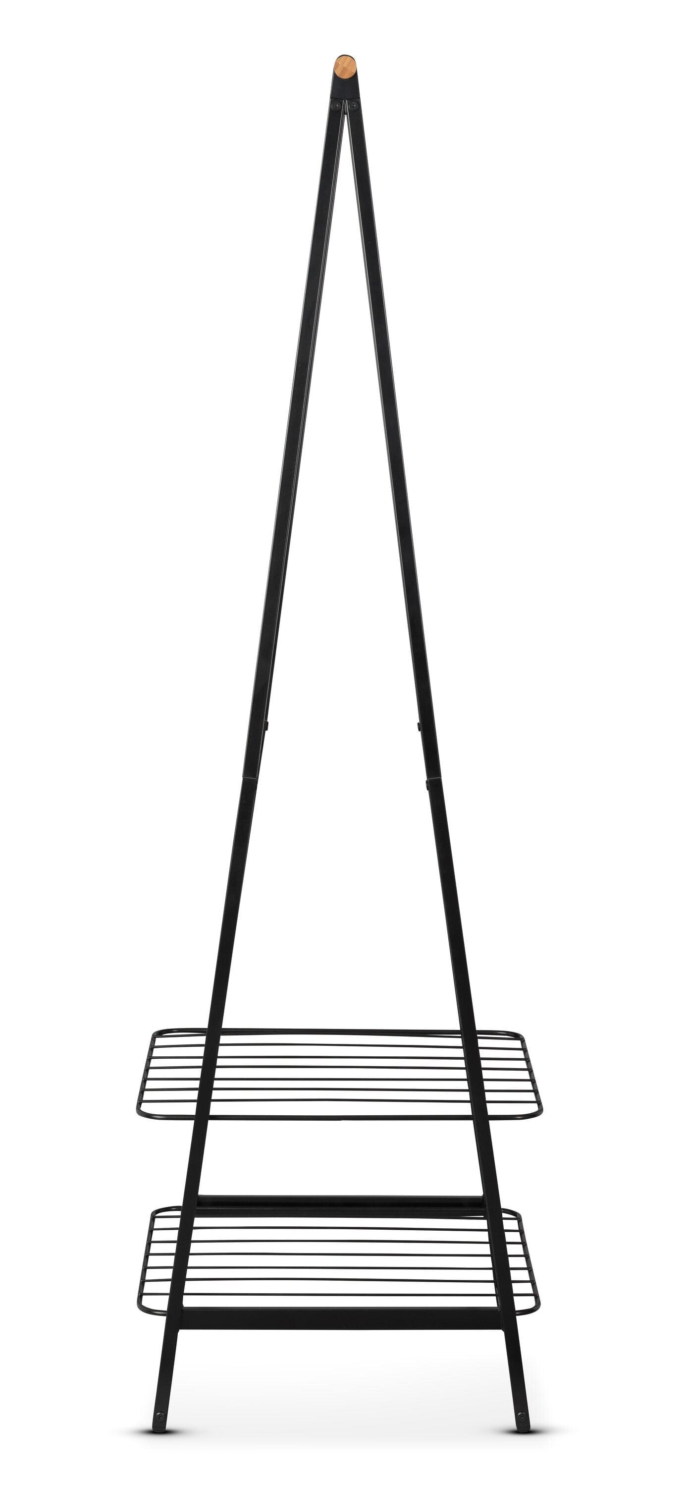 Black Steel and Bamboo Freestanding Garment Rack with Adjustable Shelves