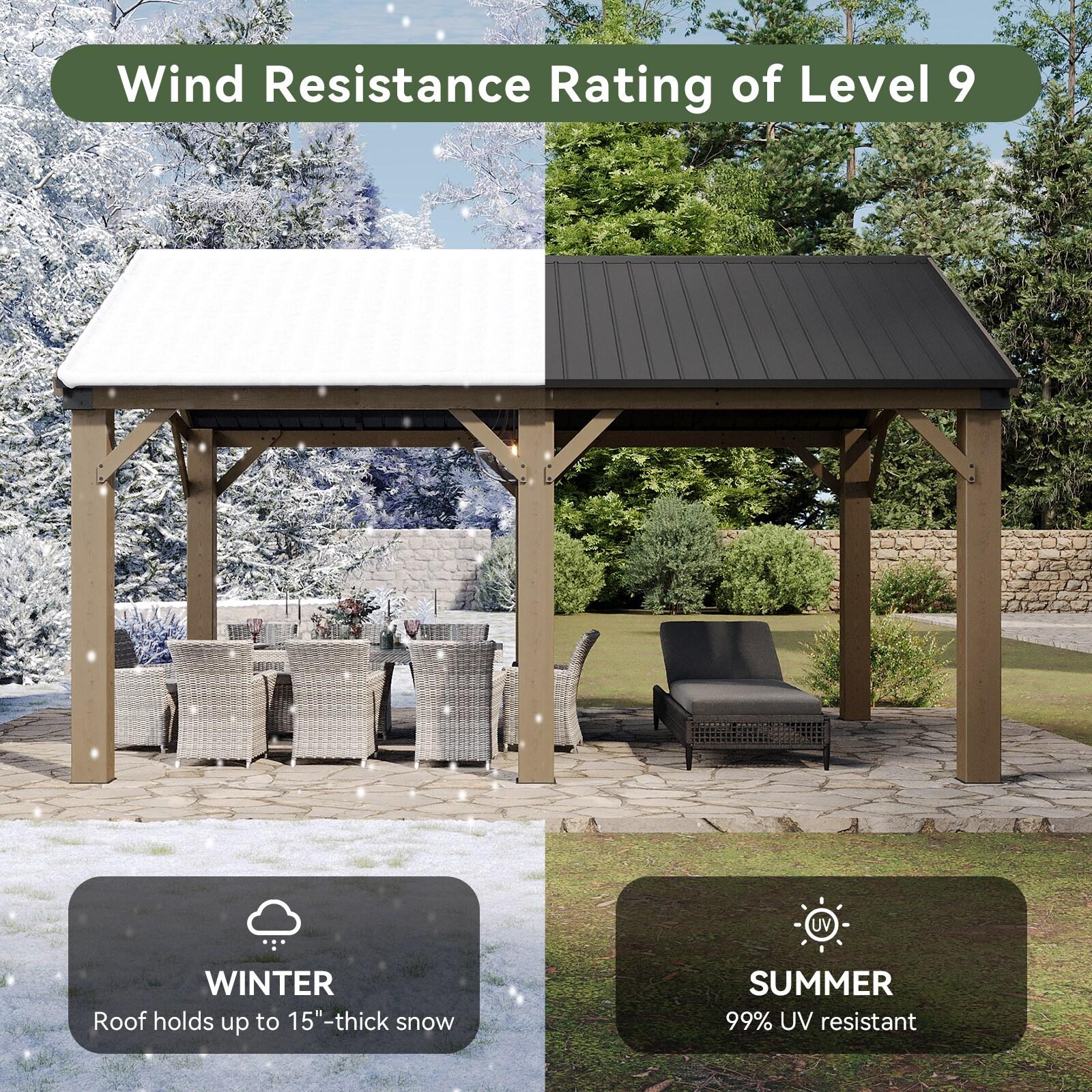 Aoxun 12' x 16' Outdoor Wood Gazebo, Hardtop Gazebo Permanent Wooden Pavilion with Galvanized Steel Gable Roof, for Patio, Garden, Deck, Cedar Wood
