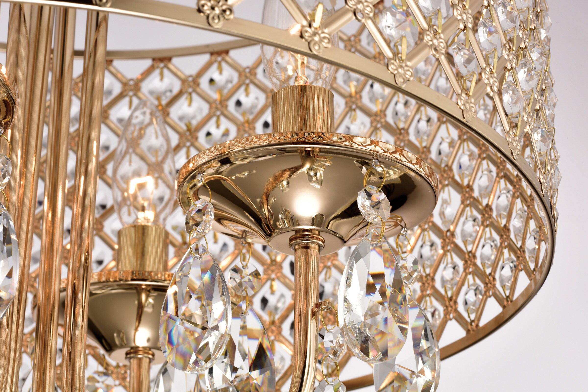 EDVIVI LIGHTING Round Beaded Drum Chandelier with Hanging Crystals Gold 4 17" Gold