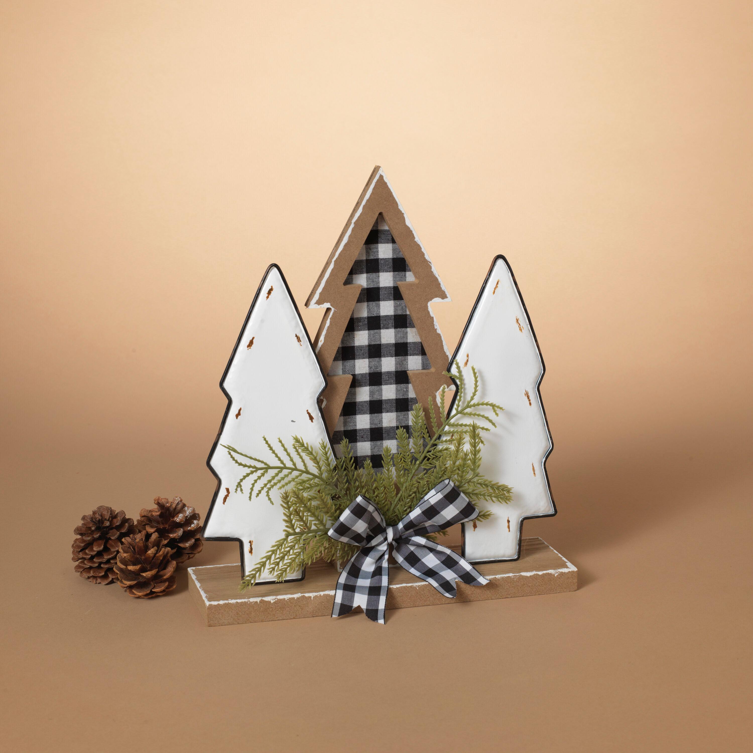 12-Inch Pine and Plastic Christmas Tree Trio with Plaid Bow