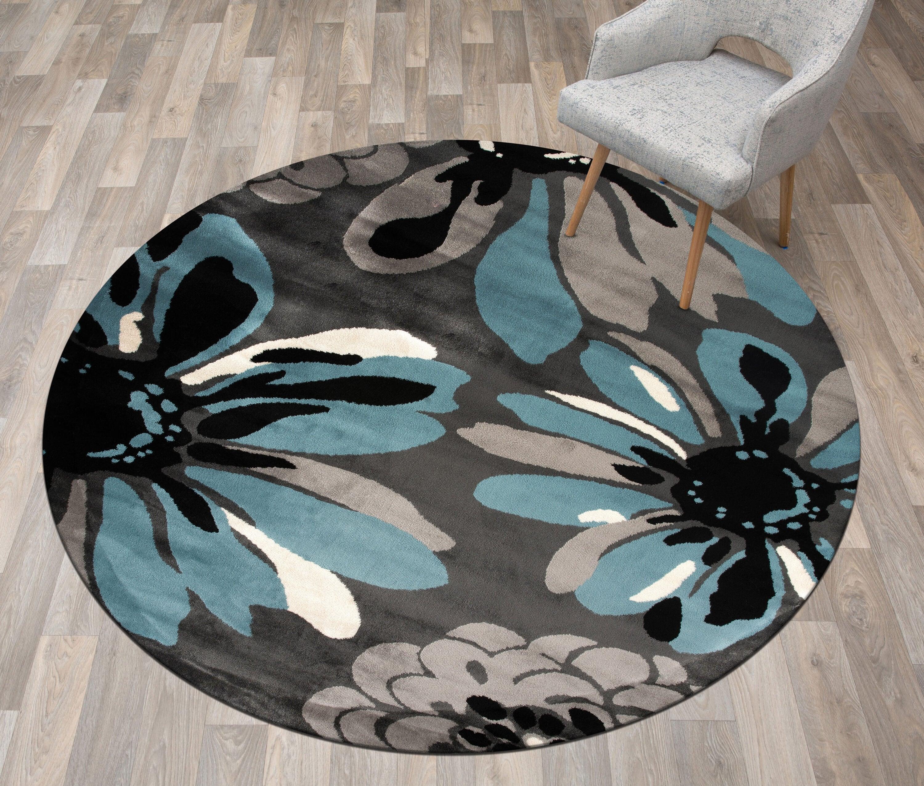 World Rug Gallery Contemporary Modern Flowers Indoor Area Rug - Blue 6'6" Round