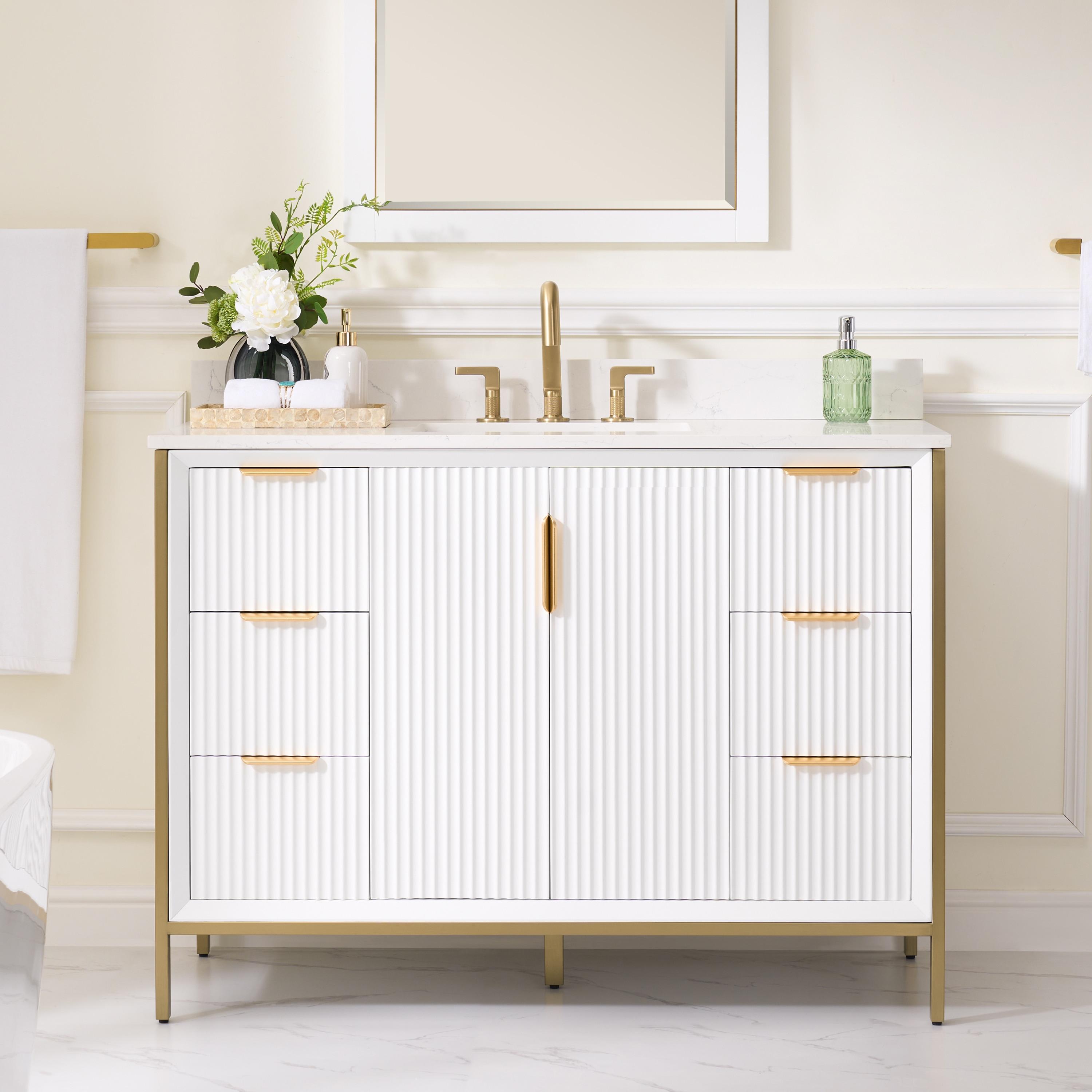 Vinnova Granada 48" White Faux Stone Top Single Vanity in White No Mirror