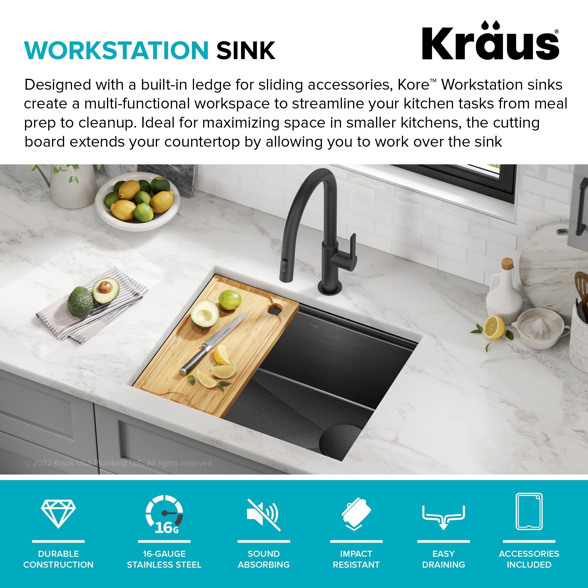 KRAUS Kore™ Undermount Workstation 16 Gauge Black Stainless Steel Single Bowl Kitchen Sink in PVD Gunmetal Finish