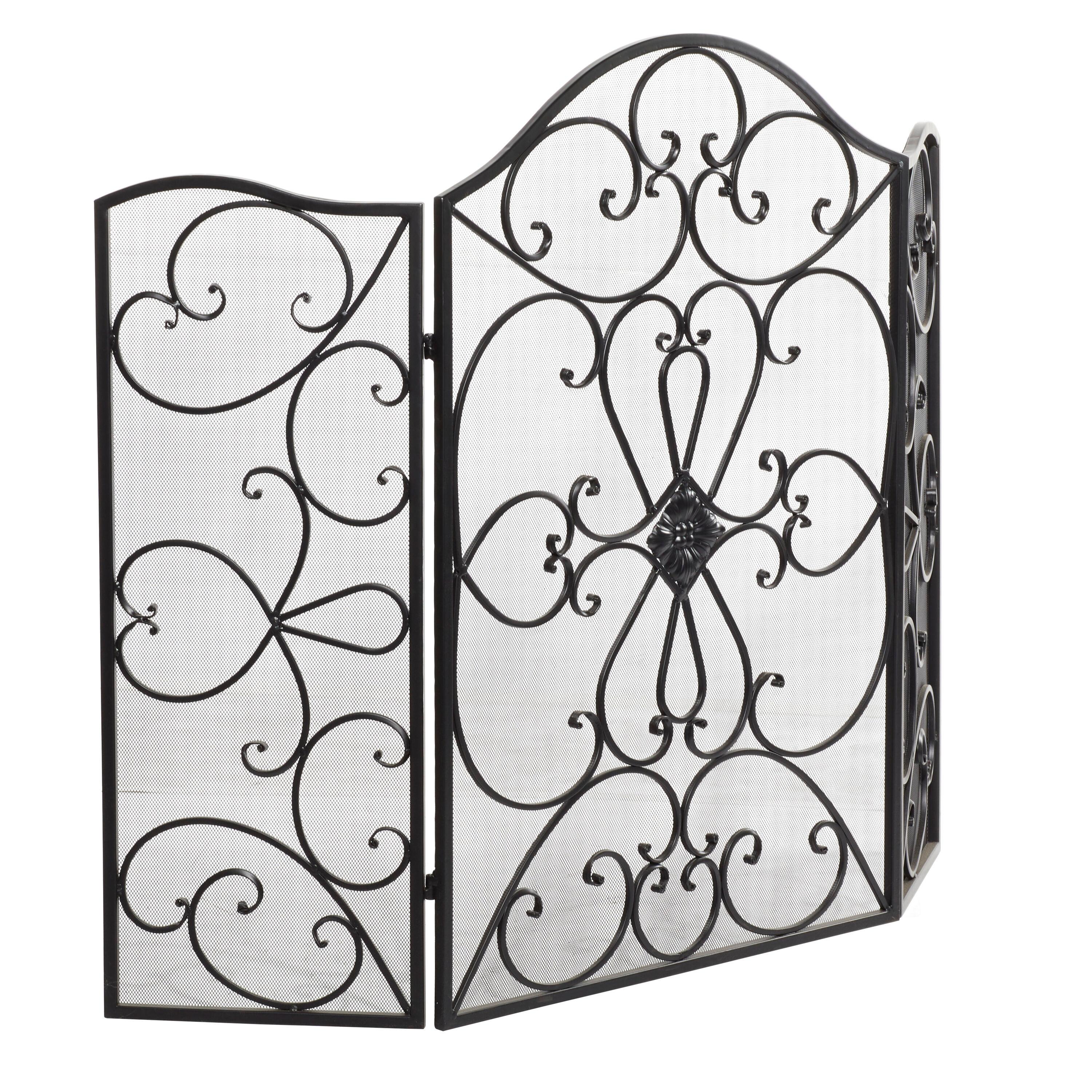 DecMode 49" x 36" Black Metal Foldable 3 Panel Scroll Fireplace Screen with Mesh Netting, 1-Piece