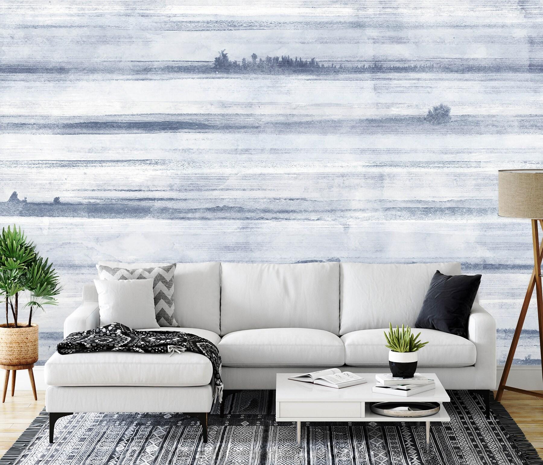 Ocean Blue and White Striped Washable Wall Mural