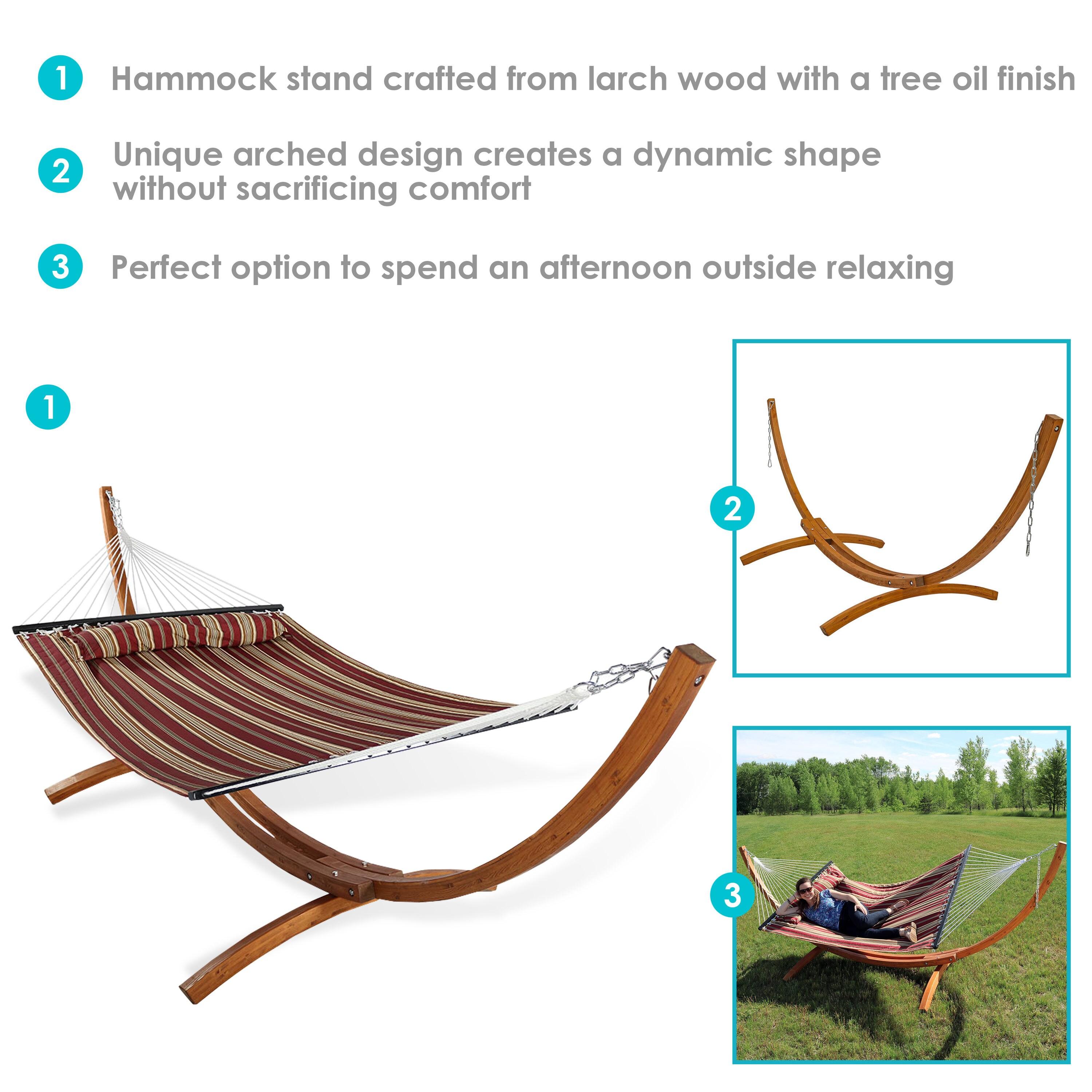 Sunnydaze Quilted Double Fabric 2-Person Hammock with Curved Arc Wood Stand - 400 lb Weight Capacity/12' Stand - Red Stripe