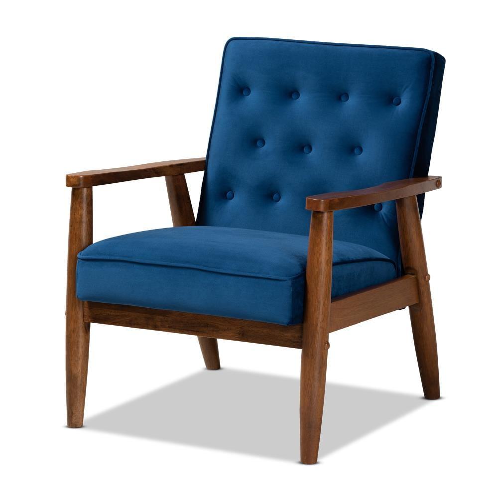 Sorrento Velvet Upholstered Wooden Lounge Chair Navy Blue/Brown - Baxton Studio: Mid-Century Modern, Button-Tufted, Danish Design