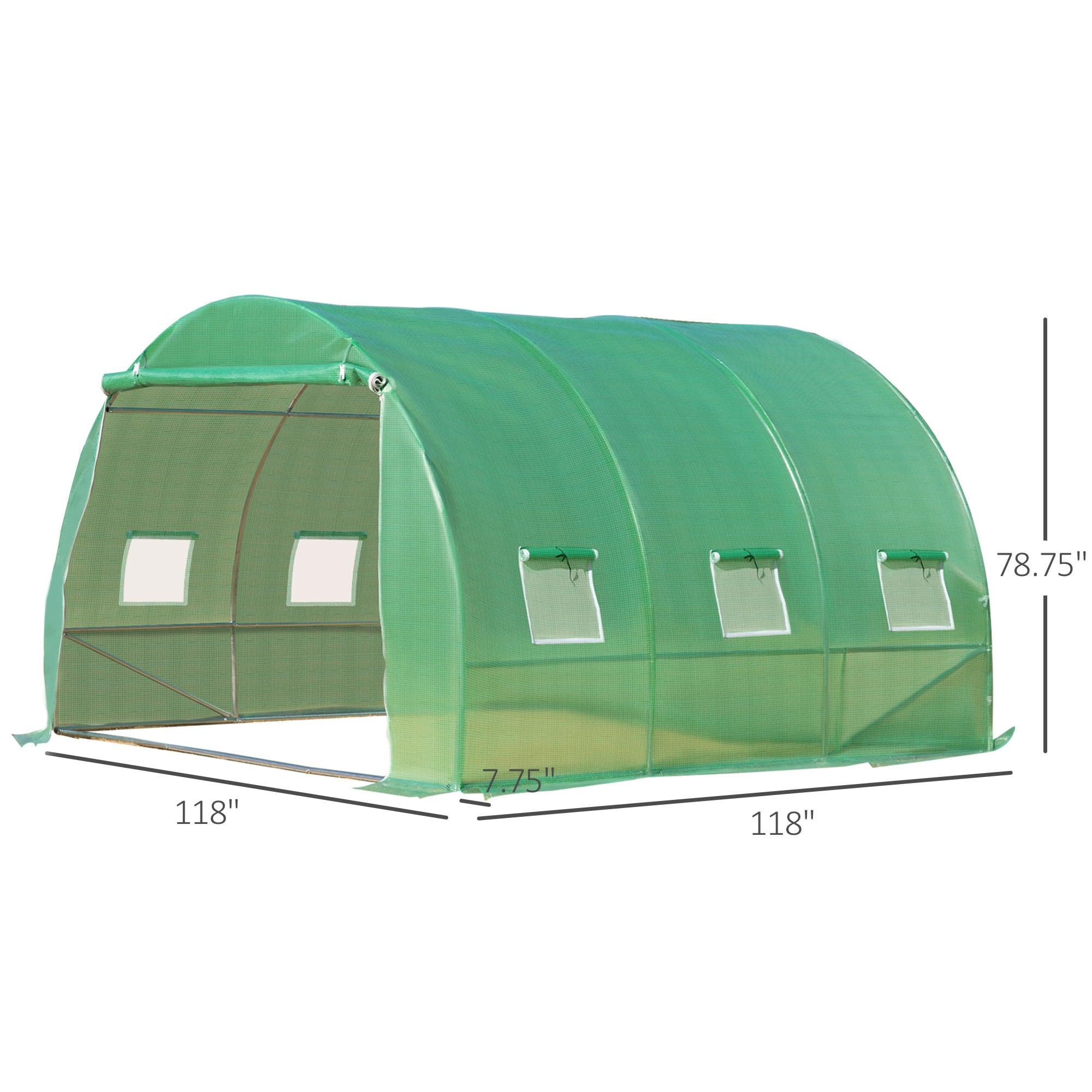 Outsunny 10' x 10' x 6.5' Walk-in Tunnel Hoop Greenhouse, Polyethylene PE Cover, Steel Frame, Roll-Up Zipper Door & Windows for Flowers, Vegetables