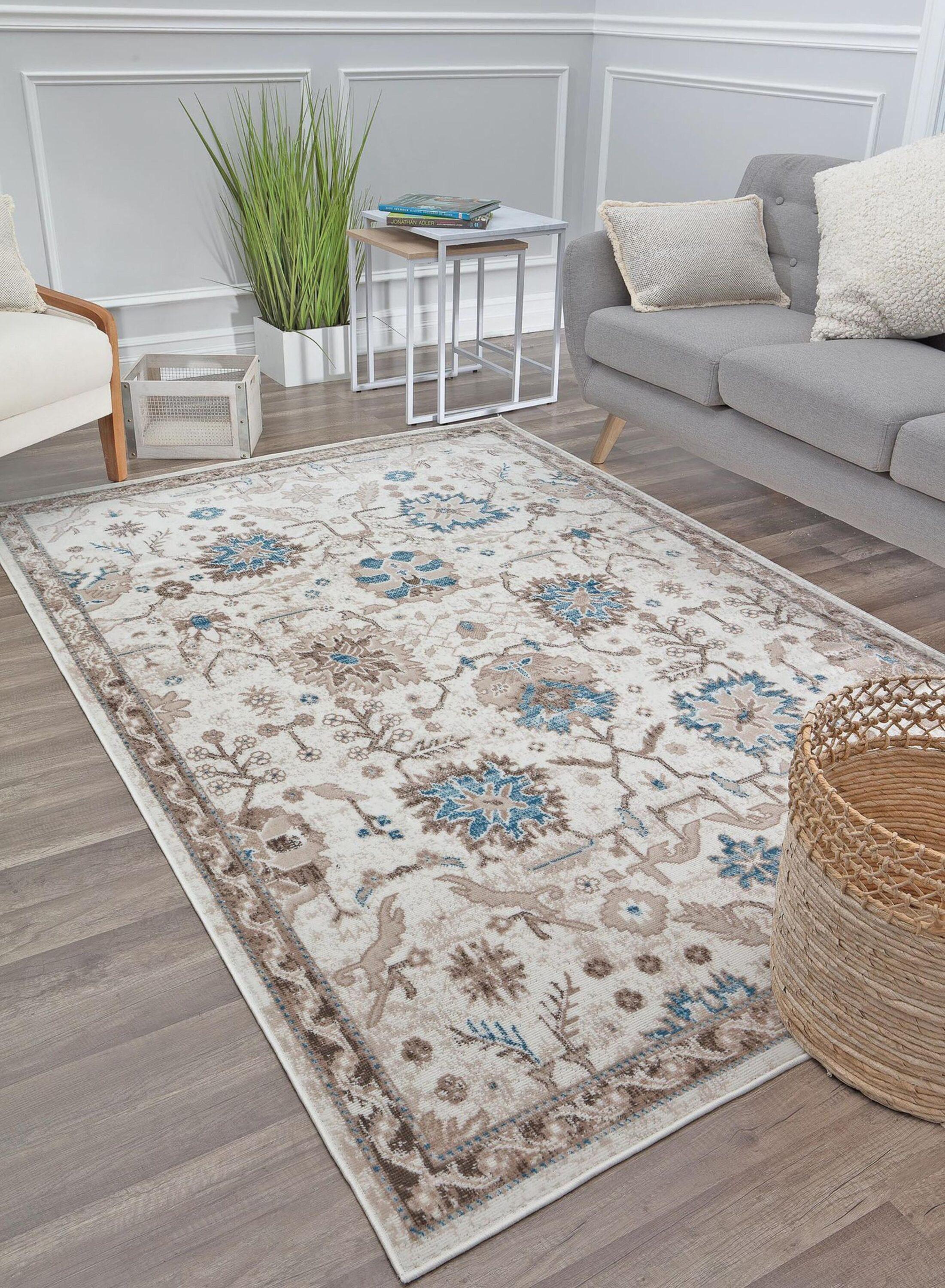 Rugs America Freida FY55B Honeysuckle Vintage Farmhouse Cream Area Rug for Dining Room Rug Neutral Rug Living Room Rug Kitchen, 2'6"x8'