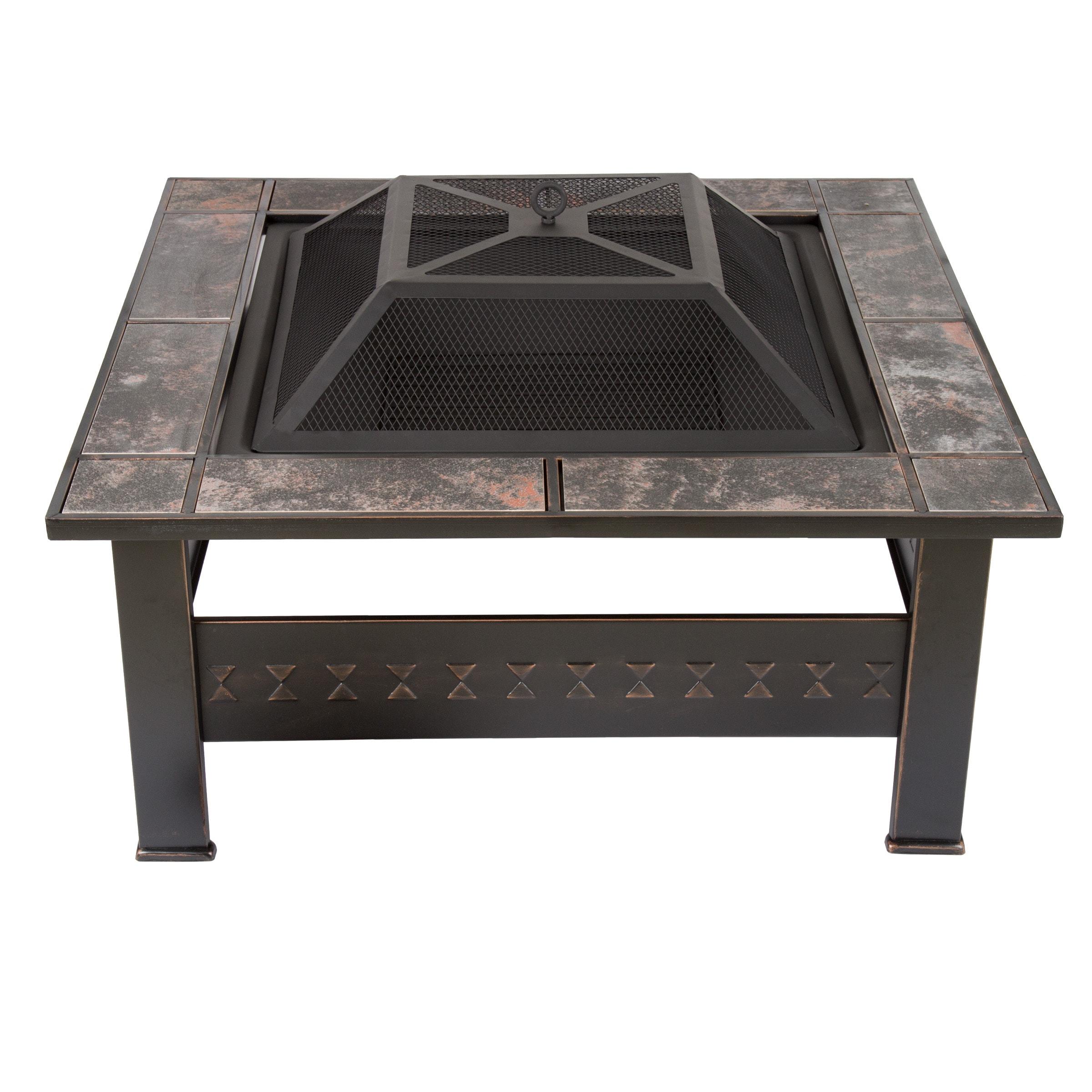 Nature Spring 32" Square Outdoor Fire Pit - Bronze Finish, Black/Orange Tiles