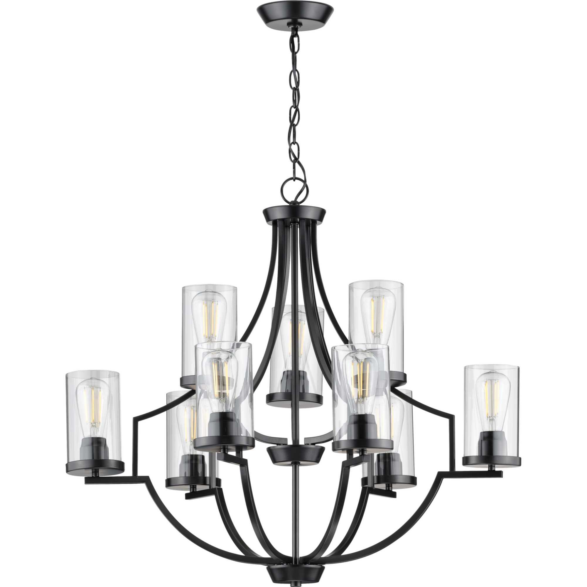 Progress Lighting, Lassiter Collection, 9-Light Chandelier, Matte Black, Clear Glass Shades