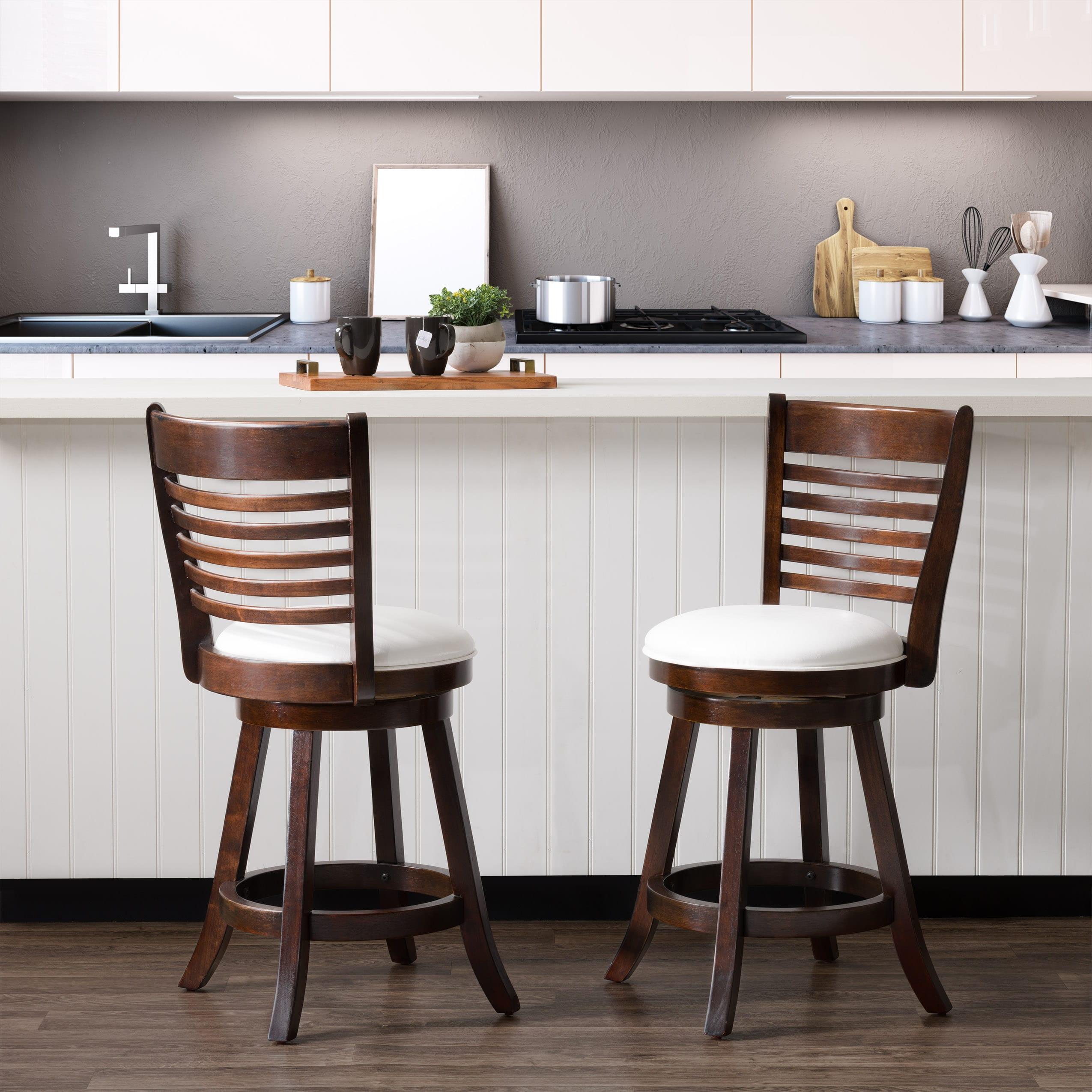 Set of 2 Woodgrove Counter Height Barstools with Slat Backrest Dark Cappuccino White - CorLiving: Faux Leather, Swivels, Rubberwood Legs
