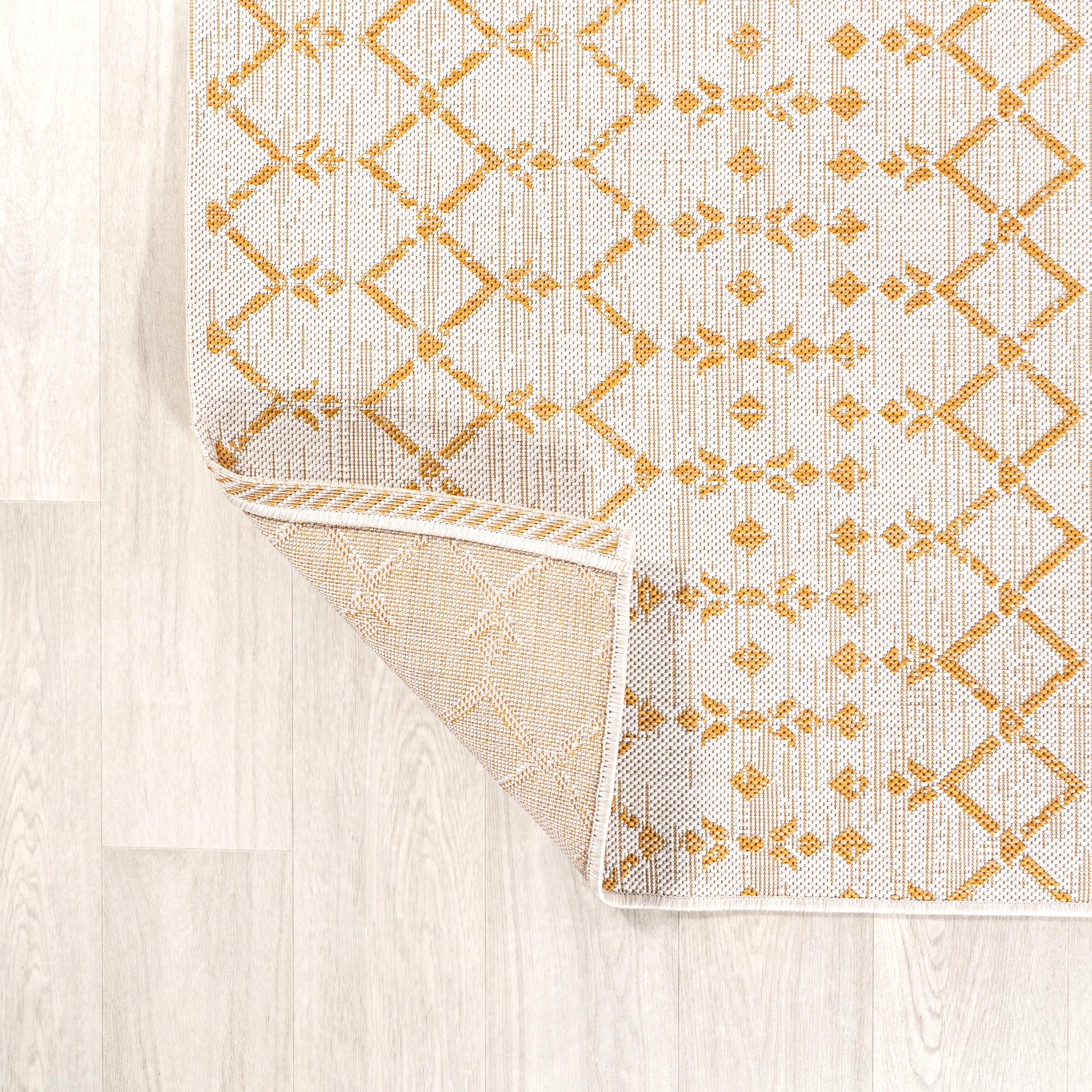 2' x 10' Ourika Moroccan Geometric Textured Weave Indoor/Outdoor Runner Rug, Cream/Yellow - JONATHAN Y