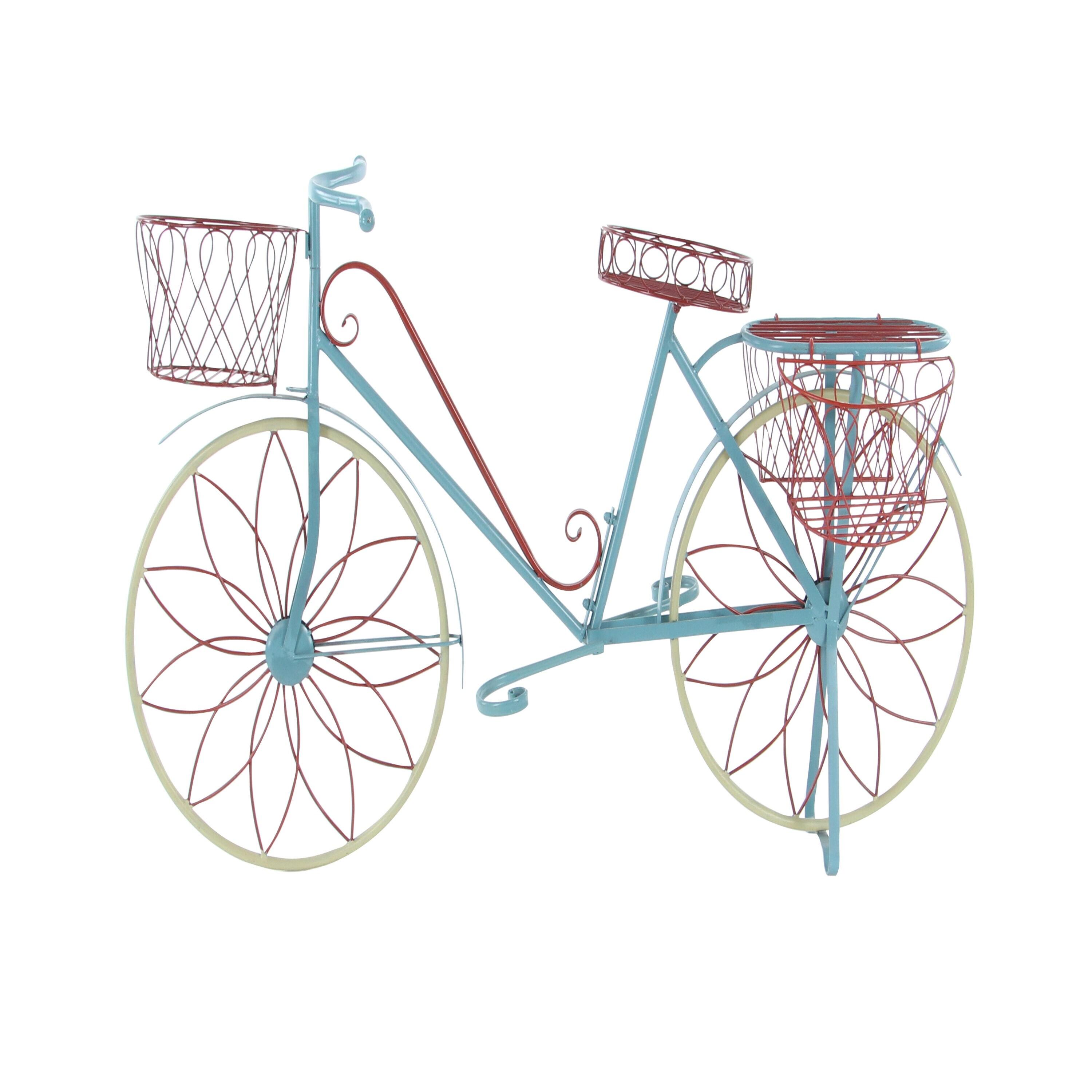 DecMode Vintage Turquoise/Red 3 Tier Bicycle Inspired Metal Plantstand, 54"W x 32"H