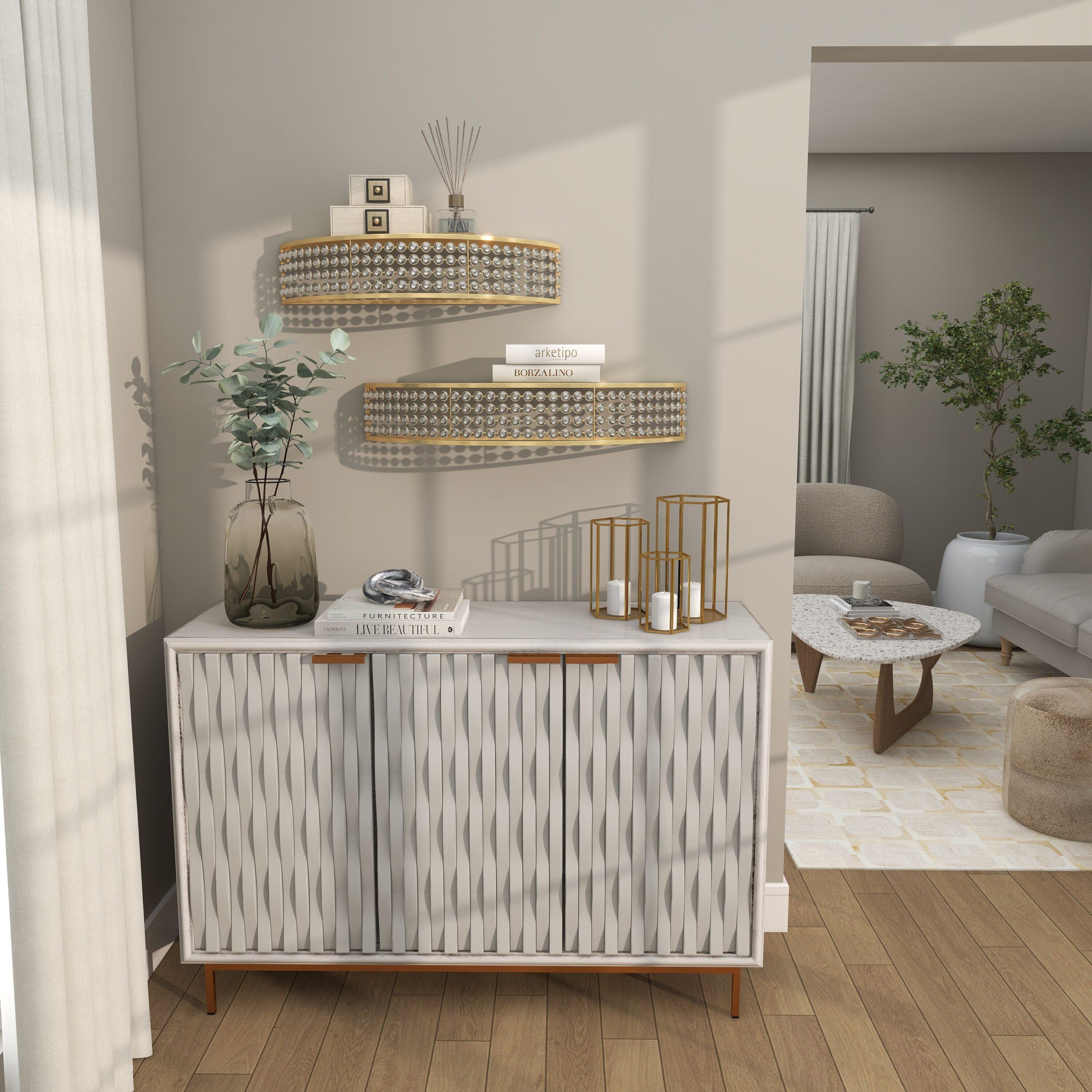 DecMode 5", 5"H Half-Moon 2-Tier Gold Wall Shelf with Crystal Embellishments (2 Count)