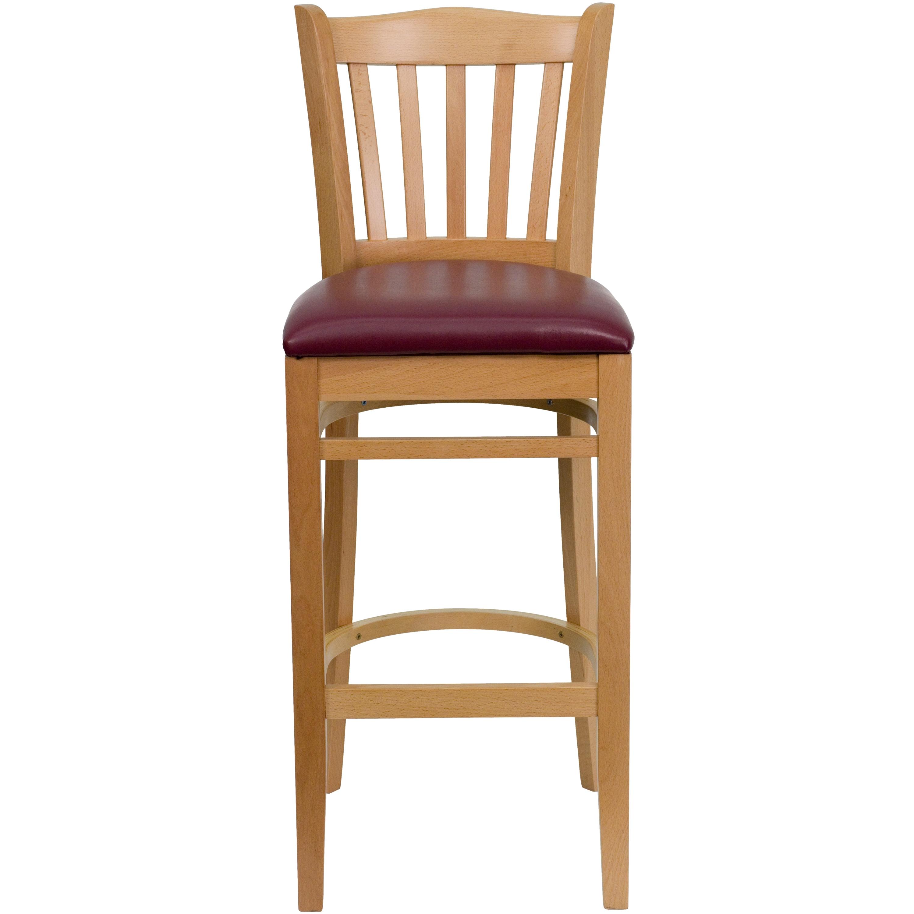 Flash Furniture HERCULES Series Vertical Slat Back Natural Wood Restaurant Barstool - Burgundy Vinyl Seat