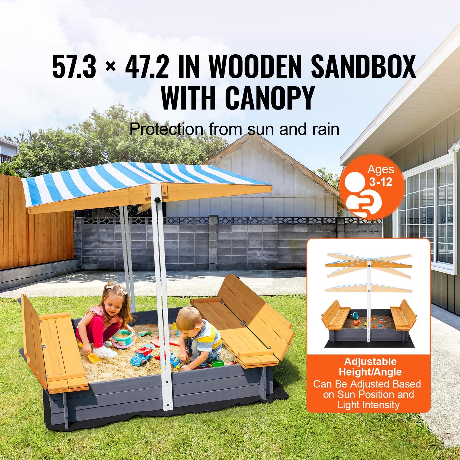 VEVOR Wooden Sandbox with Canopy, Sandpit with Foldable Bench Seats and Bottom Liner, Height Adjustable Roof, Gift for Ages 3-12 Years Old Backyard Garden Easy Assembly (57.3 x 47.2 x 47.2in)