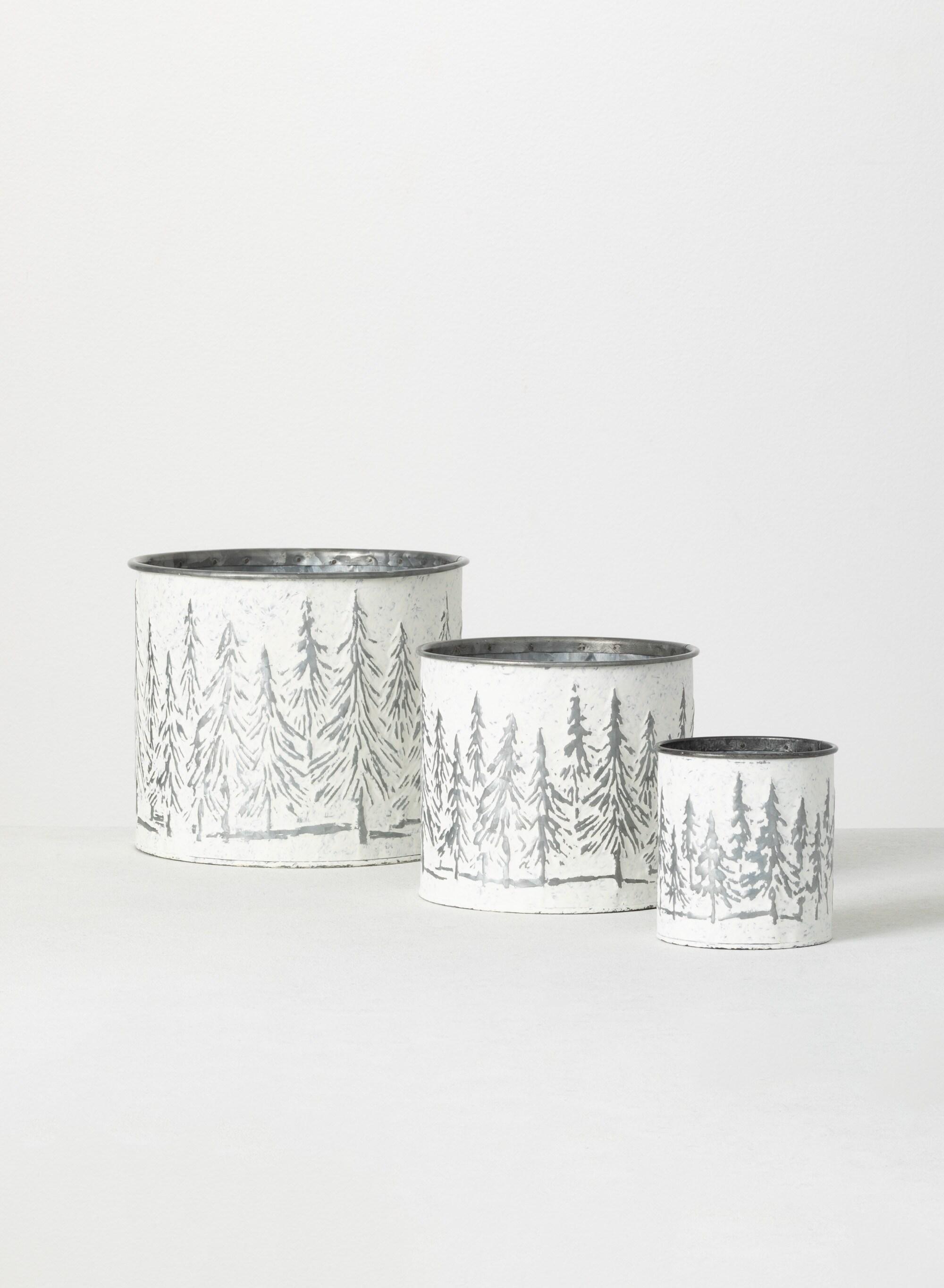 Sullivans Weathered Metal Tree Planters Set of 3, 7"H, 5.75"H & 4.25"H White