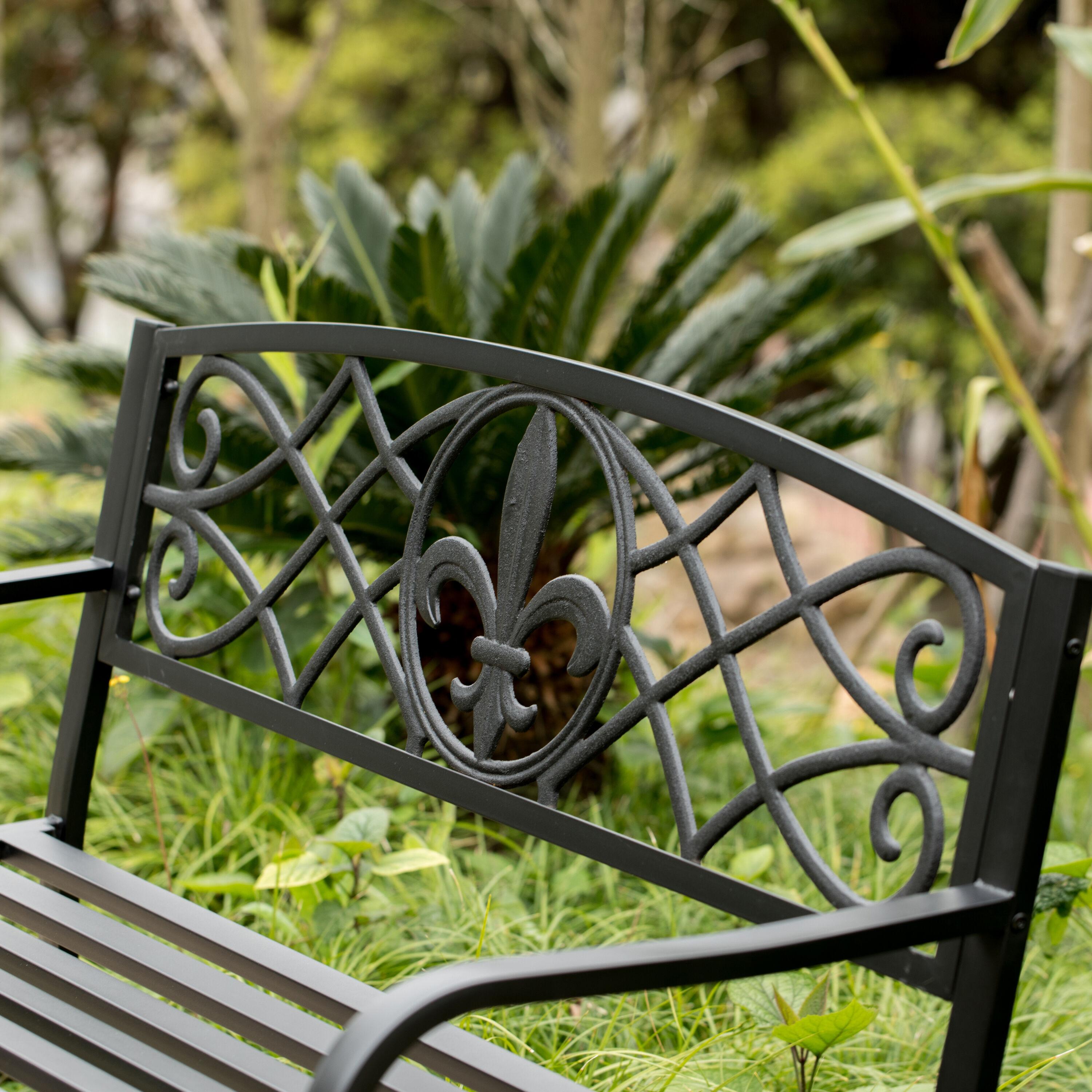 Outdoor Garden Patio Steel Park Bench Lawn Decor with Cast Iron Unique Design Back, Black Seating Bench for Yard, Patio, Garden, Balcony, and Deck