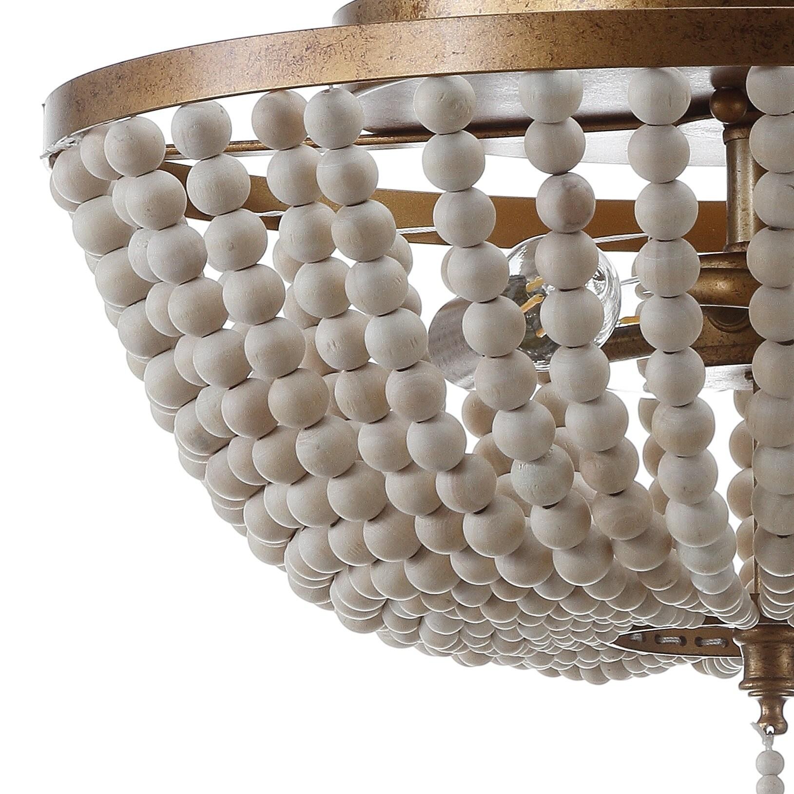 Allison 15" 3-Light Shabby Chic Farmhouse Wood Beaded/Metal LED Flush Mount, Antique Gold / Cream