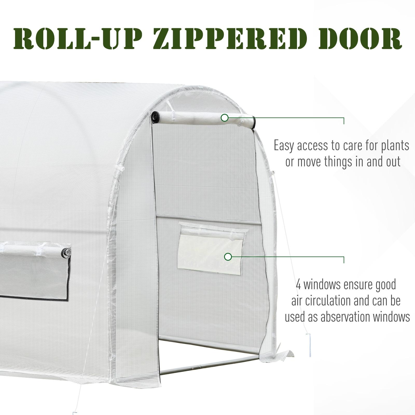 Outsunny 9.6' x 6.5' x 6.2' Walk-In PE Greenhouse with 2 Roll-up Zipper Doors & 6 Roll-up Windows for Plants, White