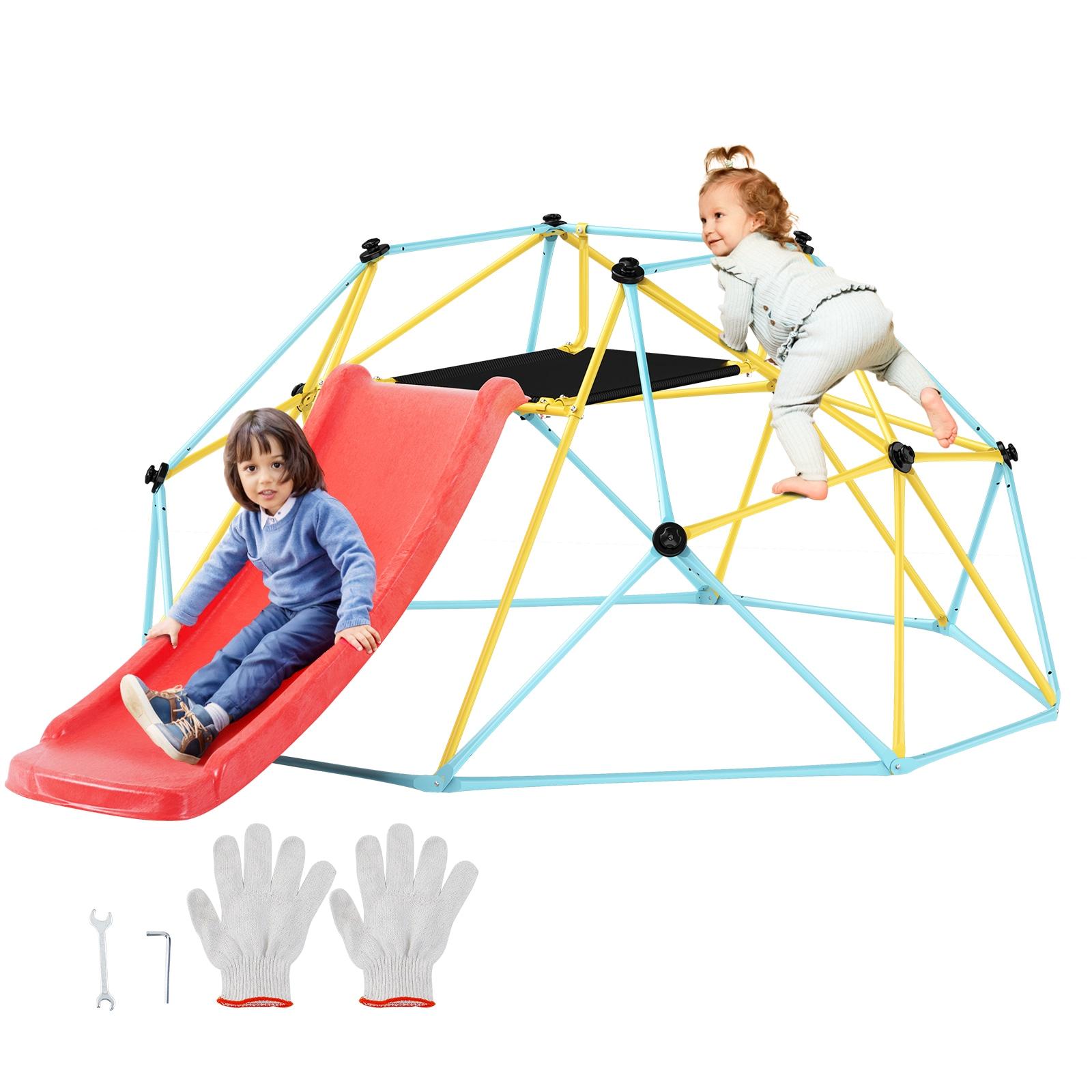 8FT Geometric Dome Climber with Red Slide and Steel Frame