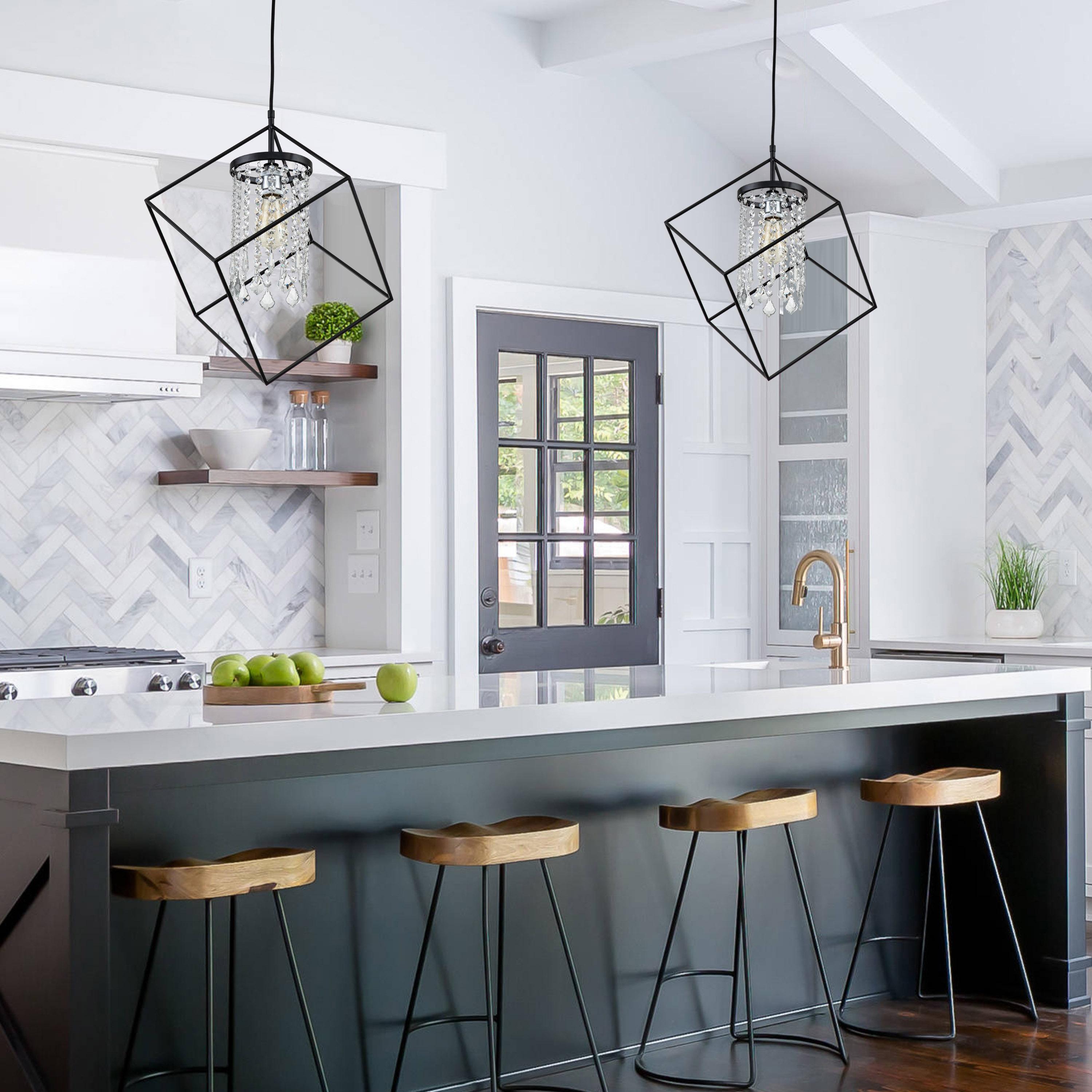 C Cattleya 1-Light Black Cube Pendant Light with Cylinder Crystal Beads Shade