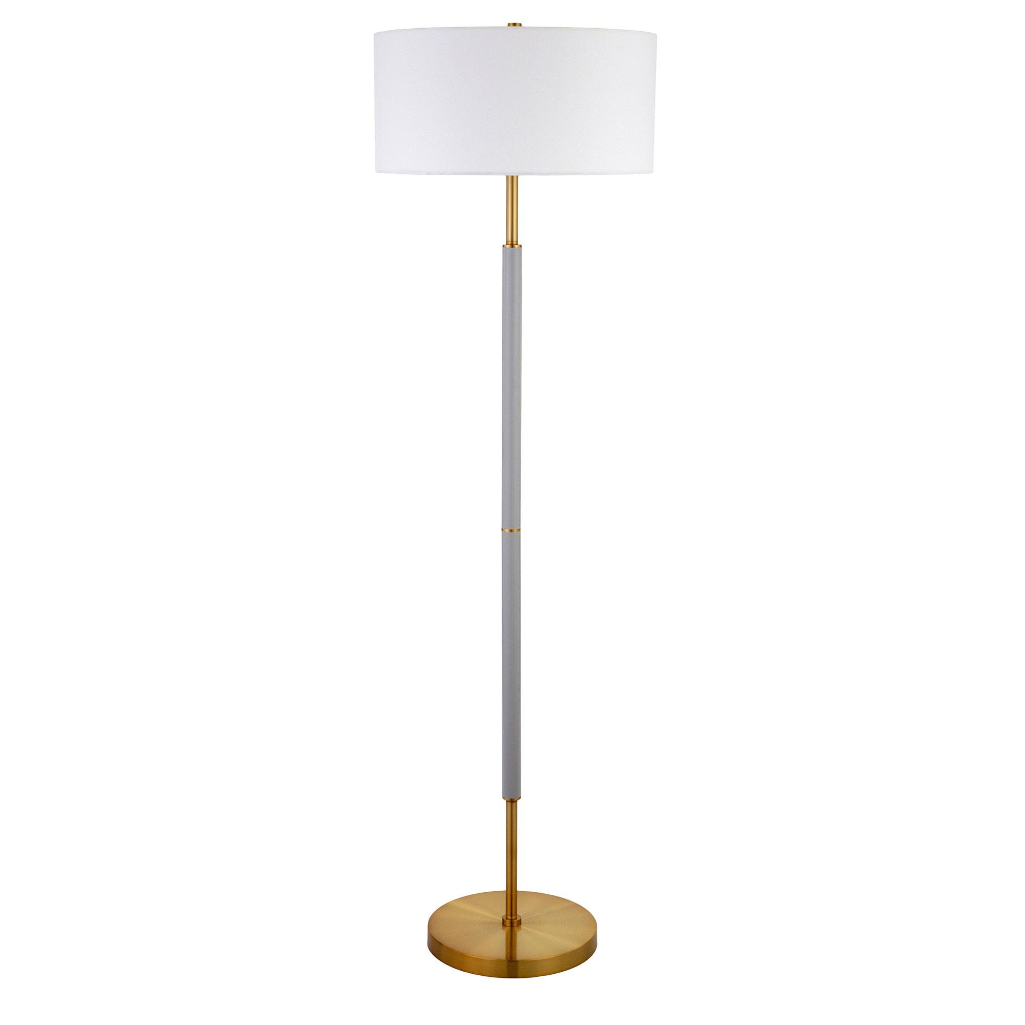 Evelyn&Zoe Simone 2-Light Floor Lamp with Fabric Shade, Cool Gray/Brass/White