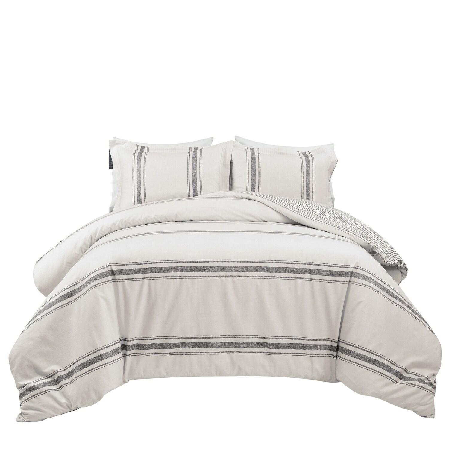 Lush Decor Farmhouse Stripe Duvet Cover Gray 3Pc Set King