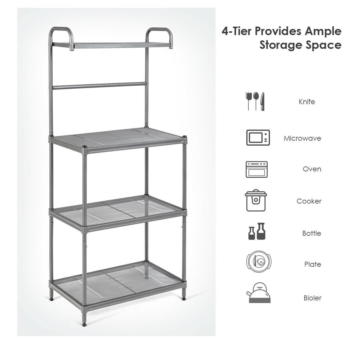 Costway 4-Tier Baker's Rack Microwave Oven Stand Shelves Kitchen Storage Rack Organizer Grey