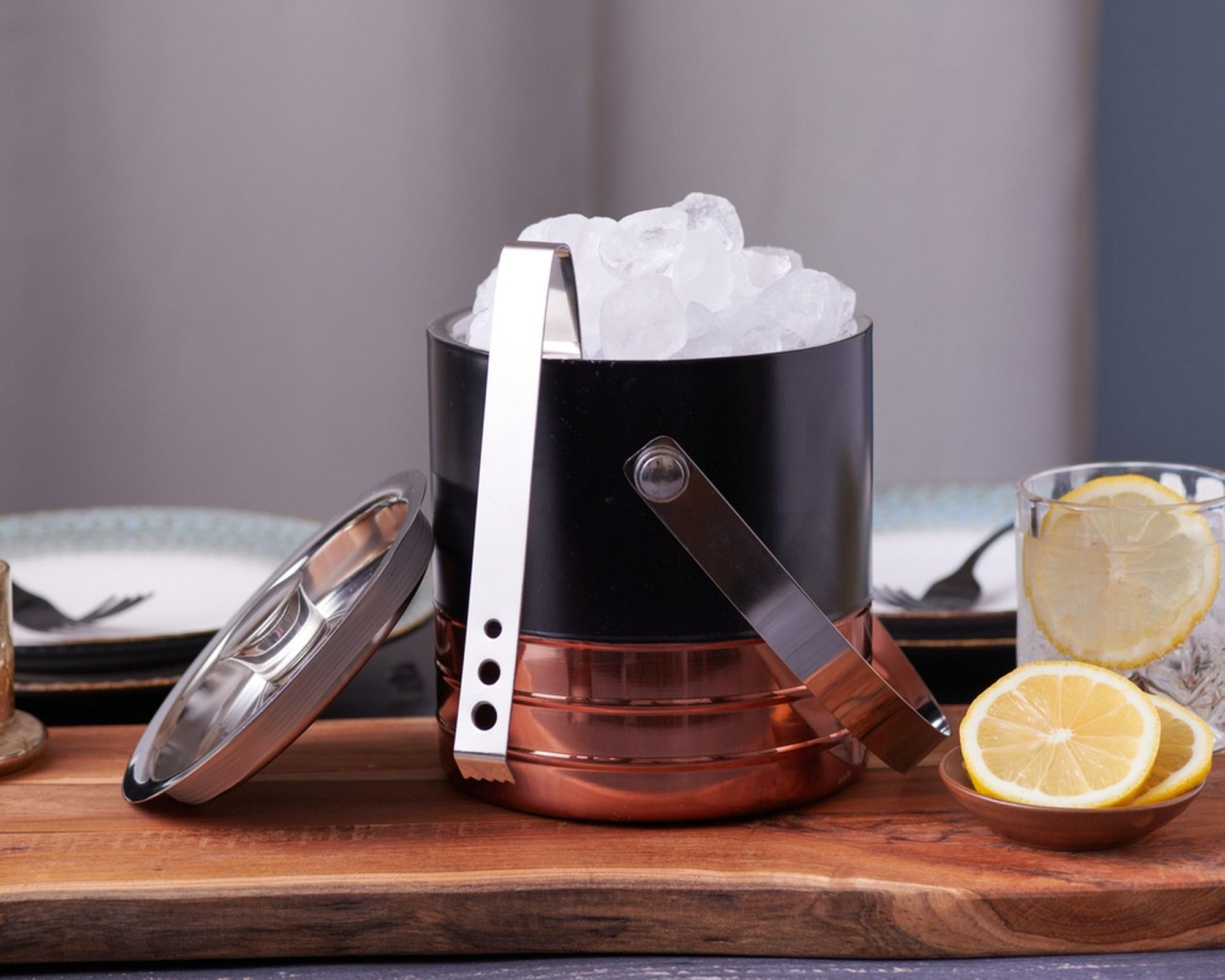 Sol Living  Ice Bucket Double Wall Stainless Steel with Lid and Tongs Copper and Black
