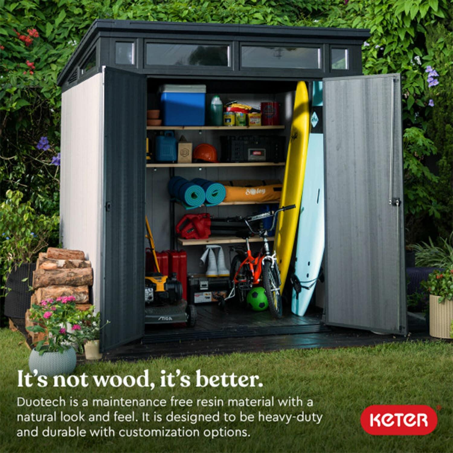 Keter Artisan 7x7 ft. Modern Durable Resin Outdoor Storage Shed With Floor and Double Doors for Garden Patio Furniture and Tools, Grey