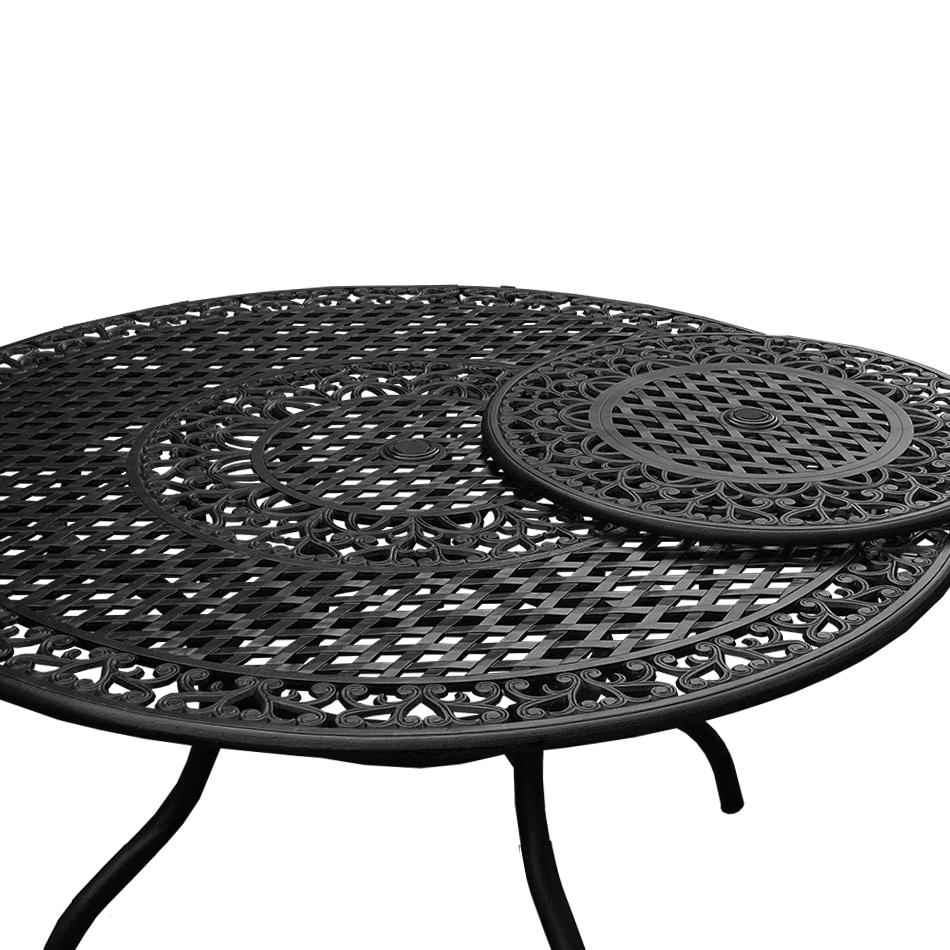 Black Aluminum 59-Inch Round Patio Dining Table with Lazy Susan