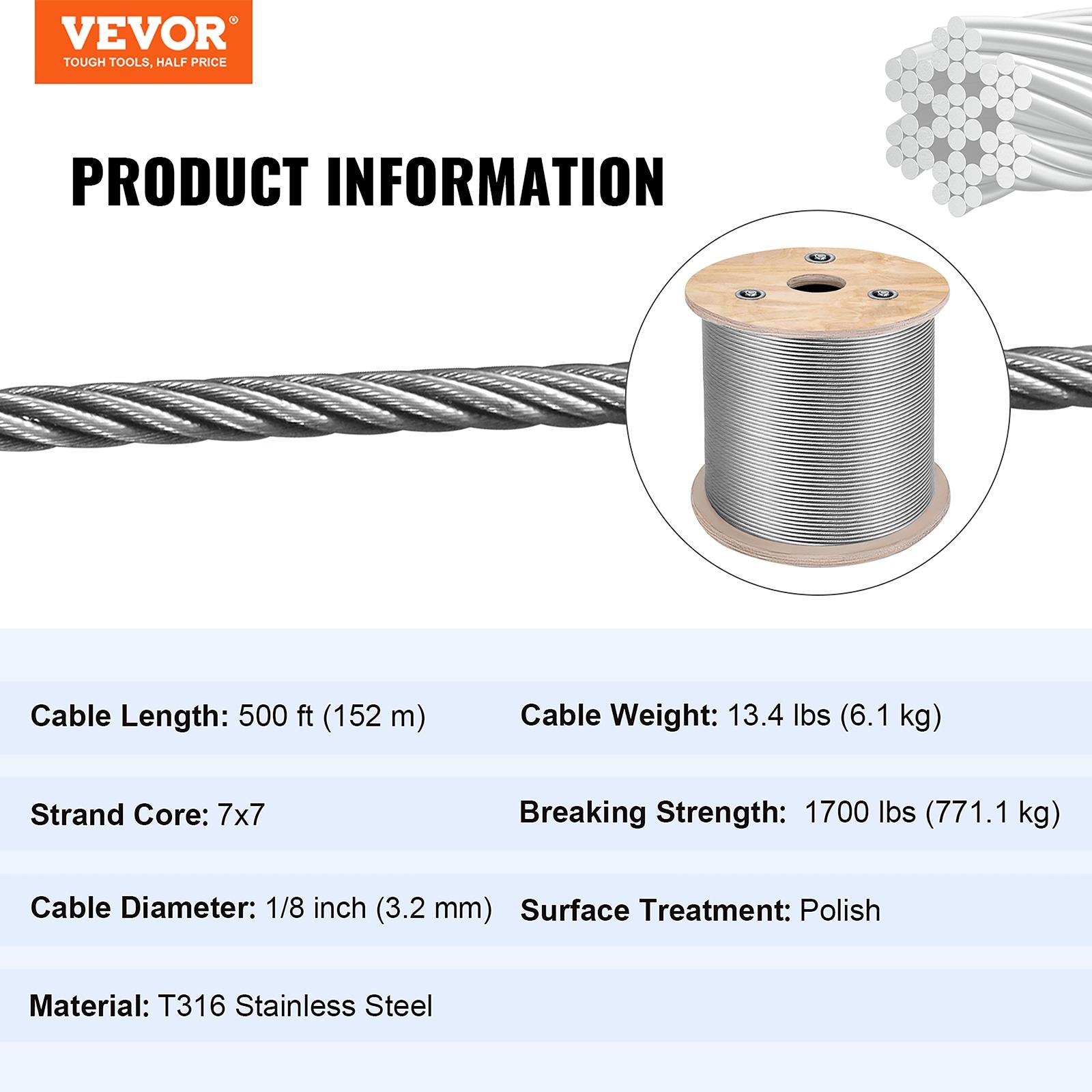 VEVOR 1/8" x 500ft Stainless Steel Cable Railing , 1x19 Wire Rope 316 Marine Grade, Braided Aircraft Cable for Deck, Rail, Balusters, Stair, Handrail, Porch, Fence