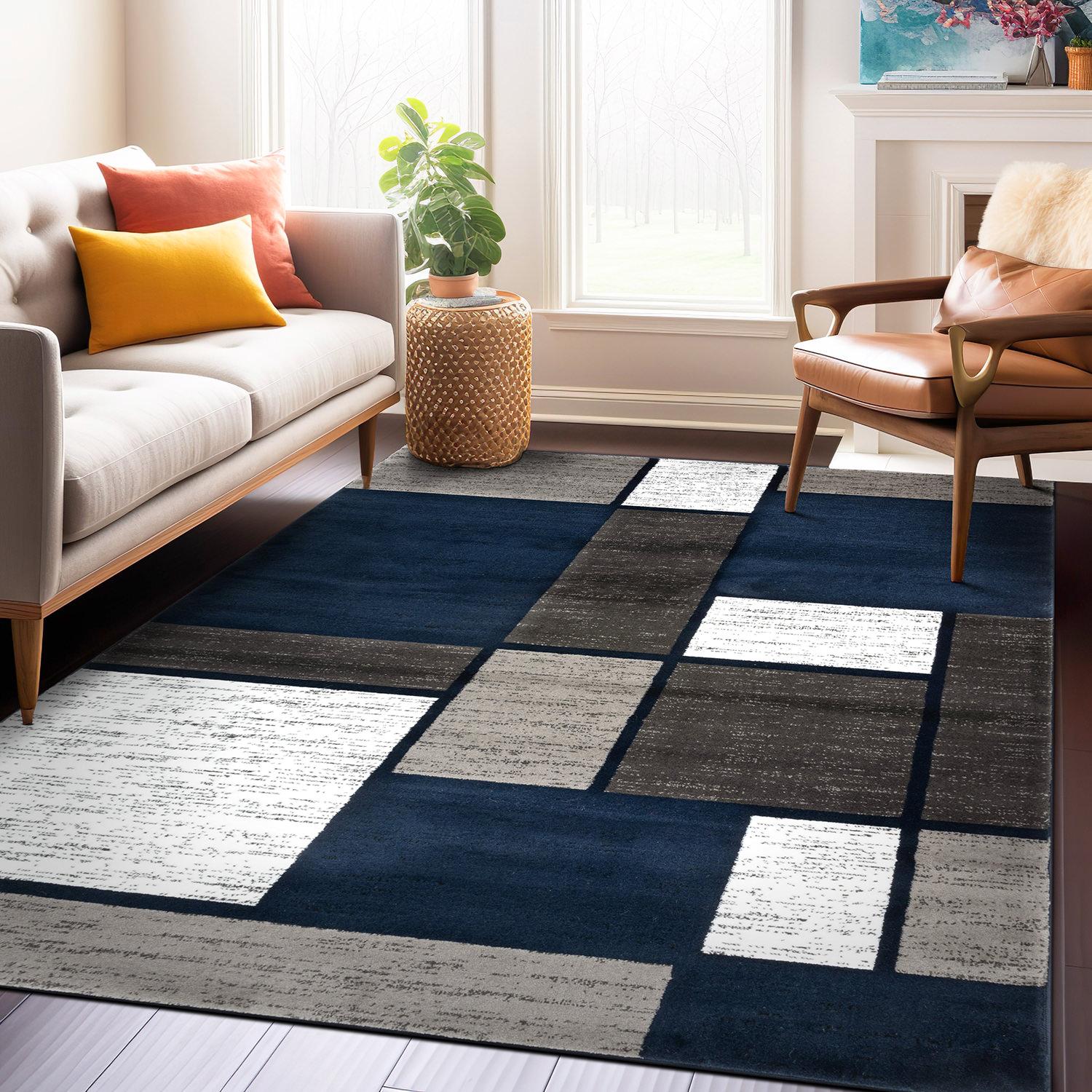 World Rug Gallery  Contemporary Modern Boxed Color Block Area Rug Navy 9' x 12' Geometric, Color Block 9' x 12', 7' x 9' Living Room, Bedroom, Dining