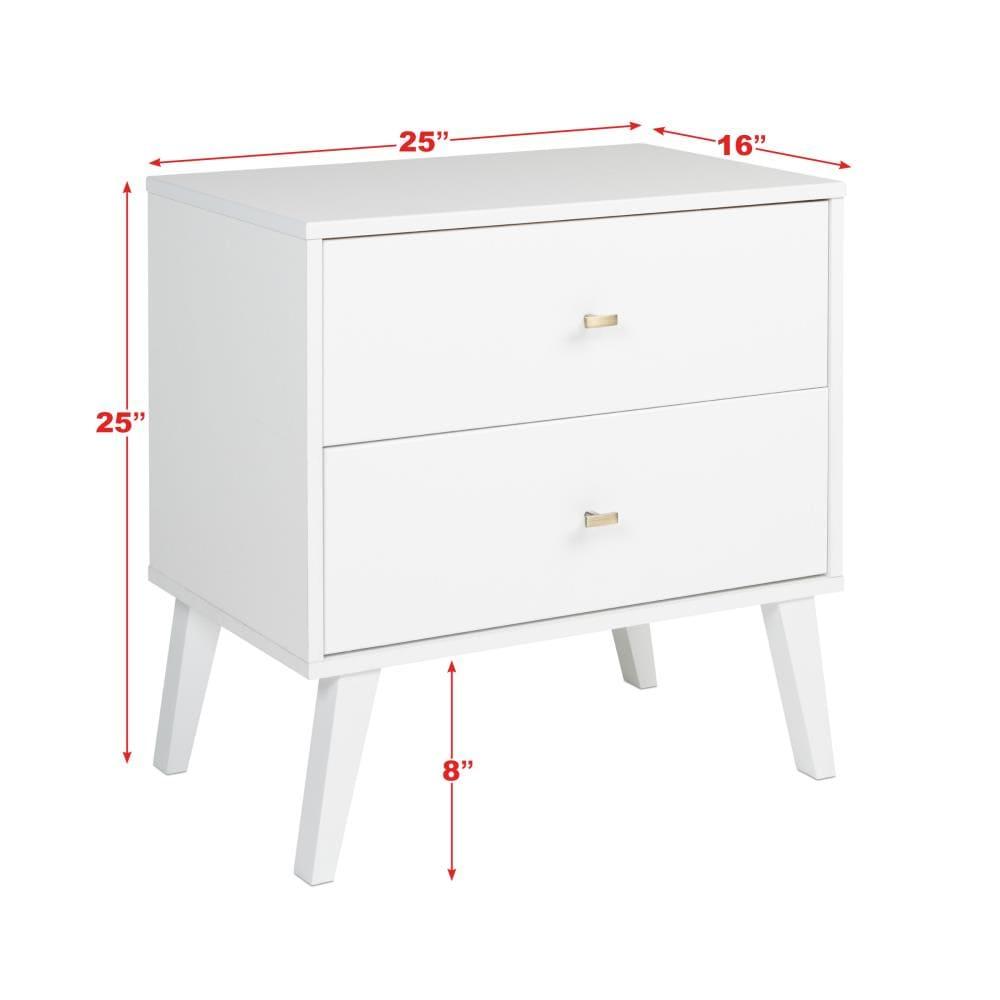 Mid Century Modern 2 Drawer Wide Nightstand White - Prepac: Sleek Bedside Table, Tapered Legs