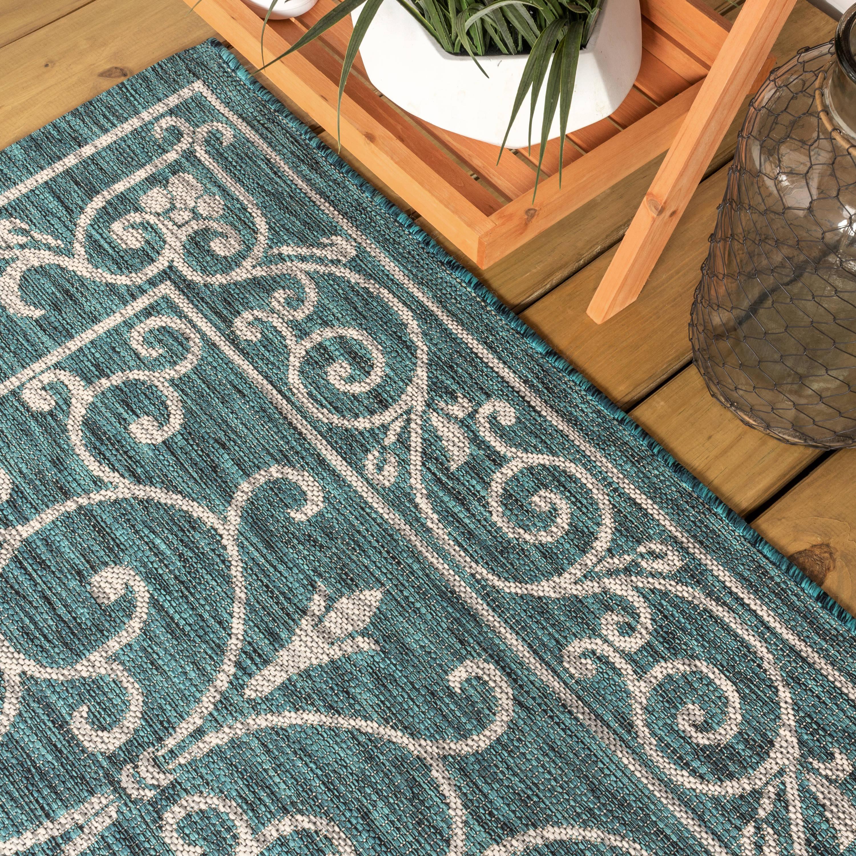 5' Square Charleston Vintage Filigree Textured Weave Indoor/Outdoor Area Rug, Teal/Gray - JONATHAN Y