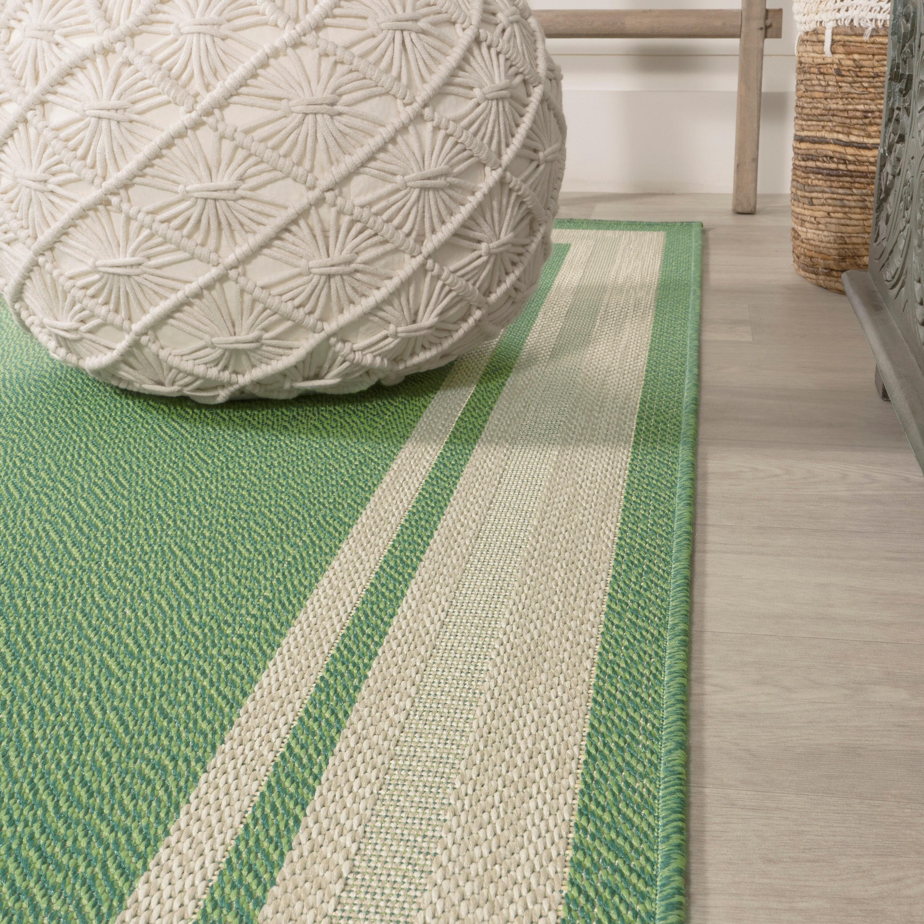 2' x 8' James Modern Border Stripe Indoor/Outdoor Runner Rug, Green/Cream - JONATHAN Y
