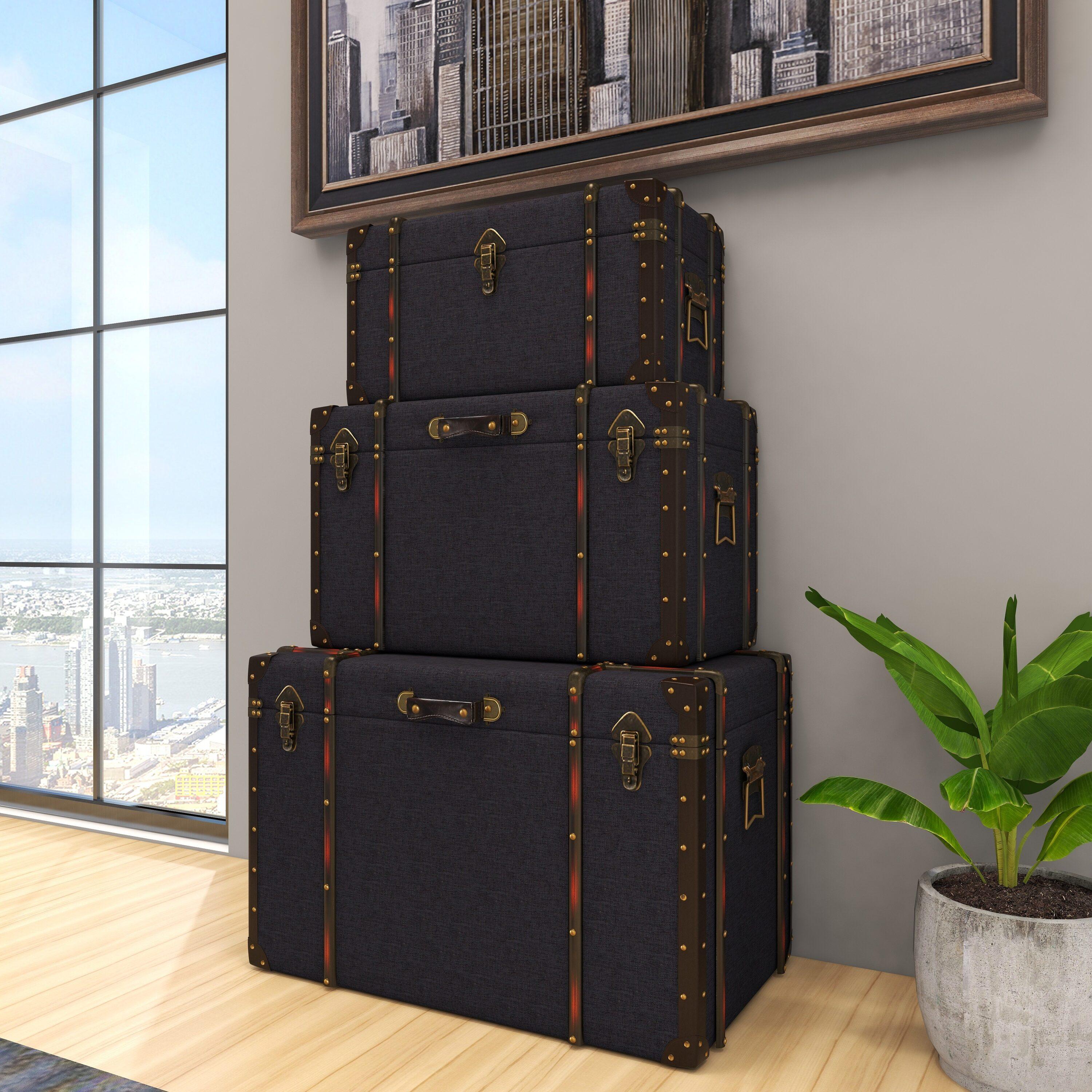 DecMode 24" x 13" Blue Linen Fabric Nesting Upholstered Trunk with Buckle Hinged Top, 3-Pieces