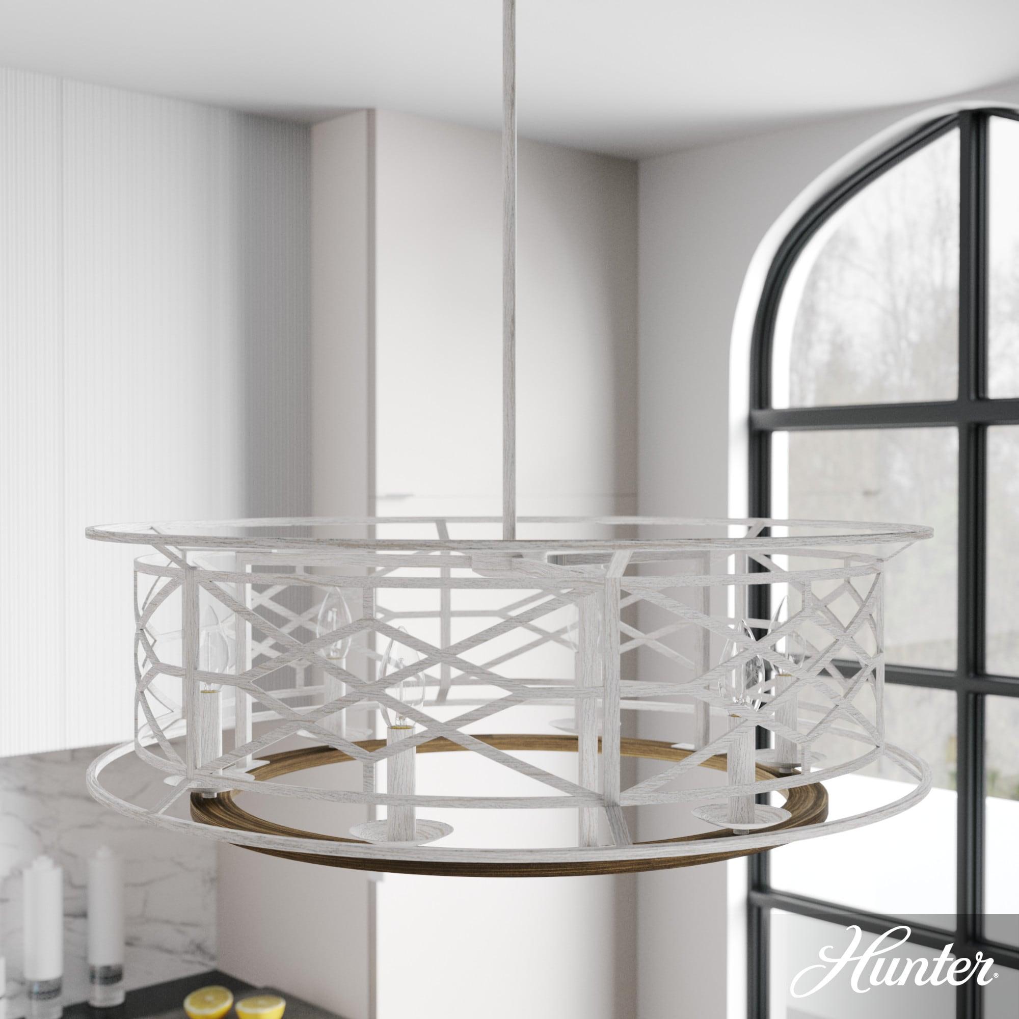 Hunter - Langwood 6-light Distressed White, Large Chandelier, Dimmable, Rustic Style, Drum Shaped, for Bedrooms, Kitchens, Dining, Living Rooms - 19330