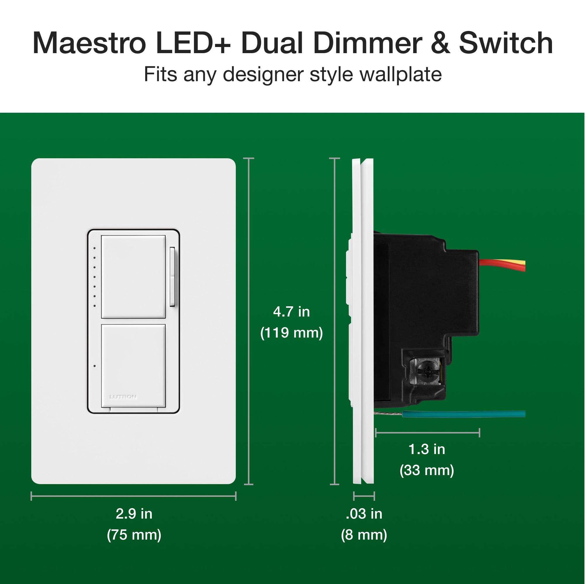 Lutron Maestro LED+ Dual Dimmer and Switch for 75-Watt LED Bulbs/2.5A Fans, Single Pole, White