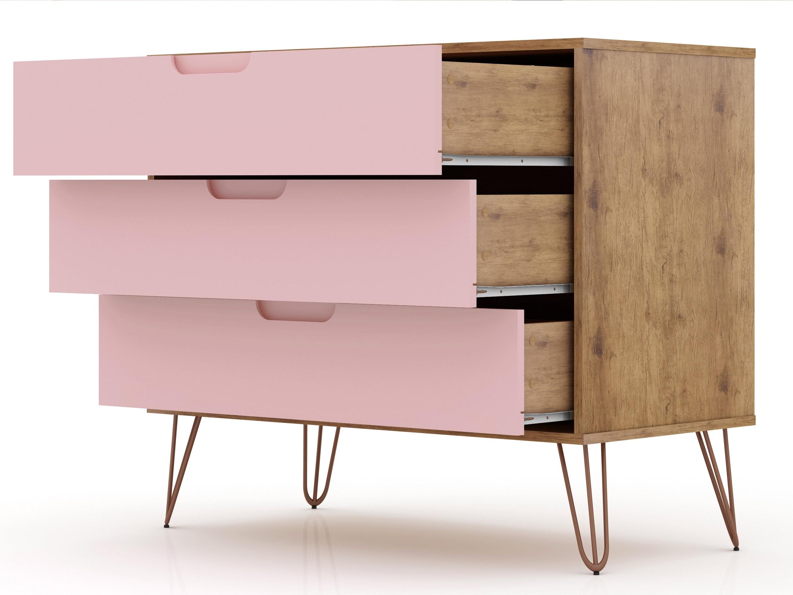 Set of 2 Rockefeller 3 Drawer Dresser Nature/Rose Pink - Manhattan Comfort: MDF Bedroom Storage, Easy-Glide, 6 Drawers